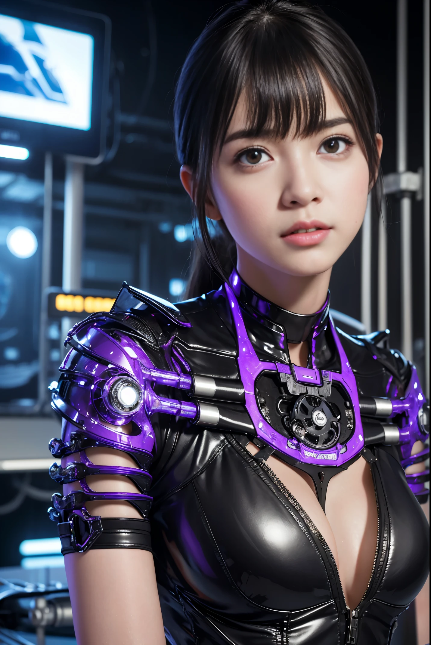 Top Quality, Masterpiece, Ultra High Resolution, (Photorealistic: 1.4), Raw Photo, 1 Girl, Black Hair, Glossy Skin, 1 Mechanical Girl, (Ultra Realistic Details)), Portrait, Global Illumination, Shadows, Octane Rendering, 8K, Ultra Sharp, Glossy Skin, Realistic Skin, Big, Cleavage Exposed Raw Skin, Metal, Intricate Ornaments Details, Syd Mead details, highly intricate details, realistic light, CGSoation trend, purple eyes, glowing eyes, facing the camera, neon details, mechanical limbs, blood vessels connected to tubes, mechanical vertebrae attached to the back, mechanical cervical attachment to the neck, sitting, wires and cables connecting to the head, analog meters, pressure gauges, vacuum tubes, gears, Small LED lamp, background a futuristic server room,
