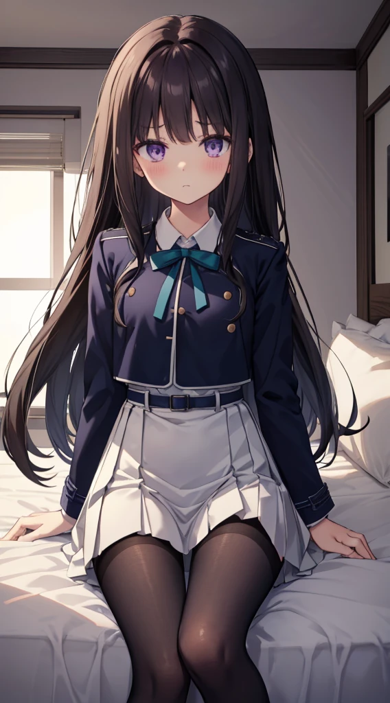 takinainoue, inoue takina, long hair, bangs, black hair, (purple eyes:1.2), BREAK shirt, long sleeves, dress, ribbon, school uniform, white shirt, collared shirt, belt, neck ribbon, blue dress, green ribbon, pleated dress, grey dress, two-tone dress, blue belt, lycoris uniform, BREAK outdoors, city, BREAK (masterpiece:1.2), best quality, high resolution, unity 8k wallpaper, (illustration:0.8), (beautiful detailed eyes:1.6), extremely detailed face, perfect lighting, extremely detailed CG, (perfect hands, perfect anatomy),(stripe :1.5), sitting on desk, spread legs, knee up, leaning back, small breasts, (short, tttle:1.5), blush, embarrassed,from below, cowboy shot, dutch angle