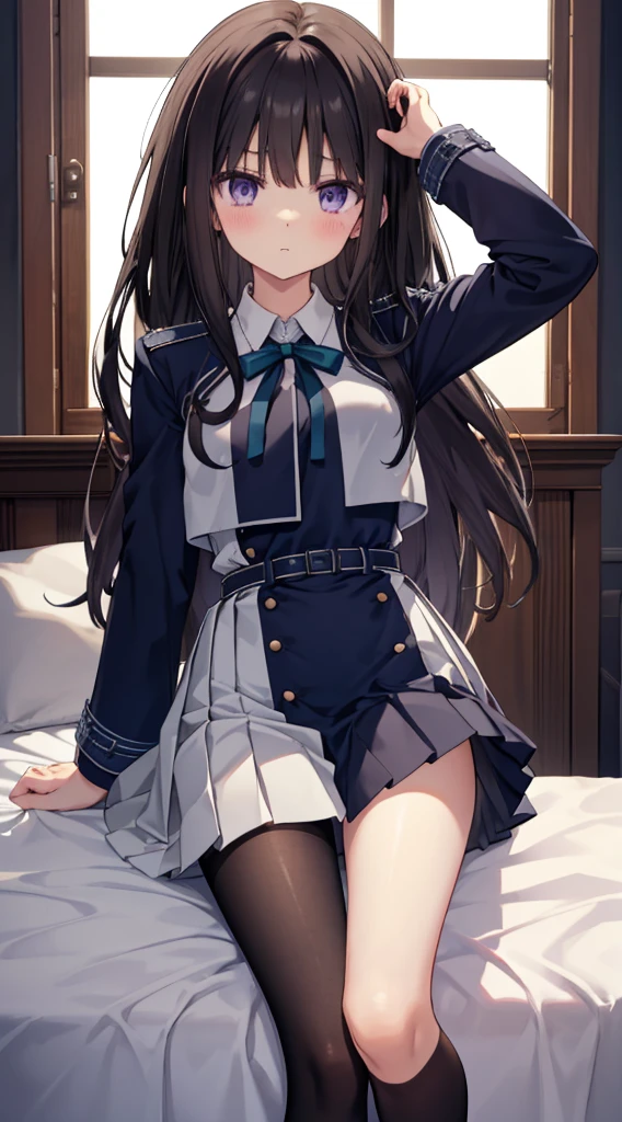 Takiinoue, Inoue Takina, Long hair, Bangs, Black hair, (Purple eyes:1.2), BREAK  shirt, Long sleeves, Dress, bow ribbon, School uniform, White shirt, Collared shirt, Belt bag, Neck ribbon, Blue Dress, Green Ribbon, pleated dress, grey dress, Two-tone dresses, Blue belt, Lycoris Uniform, top-quality、Full body portrait、perfect anatomia、1 female、Full body from head to leg、small tits、Slim Faces、a small face、Beautiful and cute face、slim and slender legs、Small toes、Precise size and balance of upper and lower body、18year old、High school girl with mature body shape、A high school girl with long、Sleeping with your legs stretched out、The legs are slightly open and the crotch  visible with the panchira、Composition from the front、Spreading outstretched legs to show crotch、Lying on a white bed facing the front、brown haired、Longhaire、Panting face about to cry、red blush、embarrassed look、A slightly sad look、Wearing white panties inside black light pantyhose、No shoes、No shoes on、Black_Wearing white panties inside stockings、Wearing white panties inside black transparent stockings、Wearing white panties inside black stockings、Wearing white panties inside black pantyhose、Wearing white panties inside black lace pantyhose、Wearing white panties inside black lens stockings、Wearing white panties in black light pantyhose、Wearing white panties in black transparent pantyhose、No shoes、No shoes on、Pure white under black stockings_panties on、Panties are visible through a navy blue pleated skirt、Pure white bra、Underwear、Beige blazer uniform  half open、White blouse uniform  open、Beige Blazer Uniform、White blouses、A white brisible from the blouse、The crotch  visible through the navy blue pleated skirt、Japanese high school  girl、Bedrooms、inside the house、during daytime、（small tits）