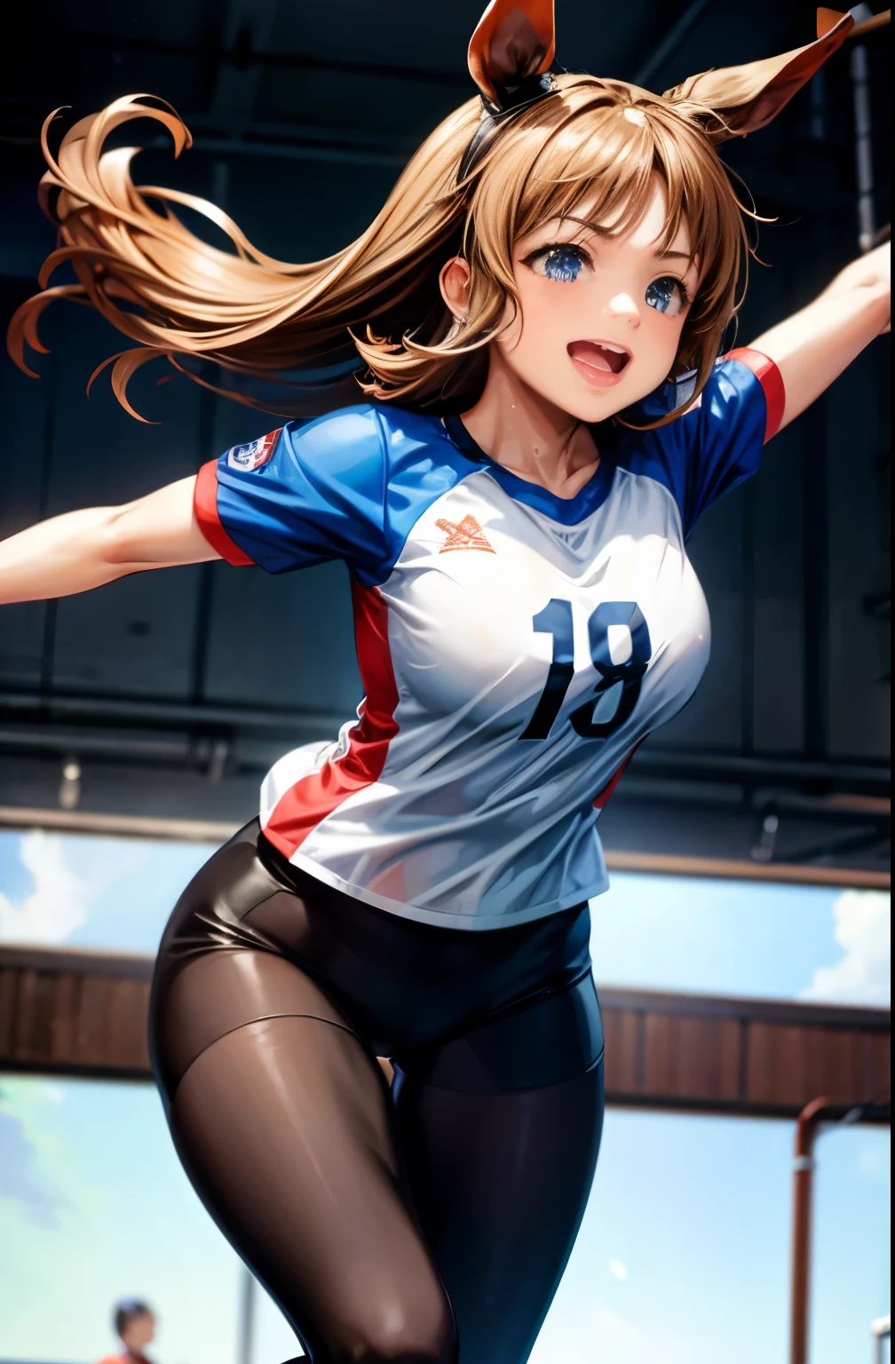 ((masterpiece、highest quality))、solo、Glass Wonder、Uma Musume、solo、marl、hair length、brown hair、((white shirt with lines on the cuffs))、((volleyball uniform))、((black tights))、earrings、、laughter、grassland、running、Wind、dynamic pose、dynamic angle、big breasts、wet costume、