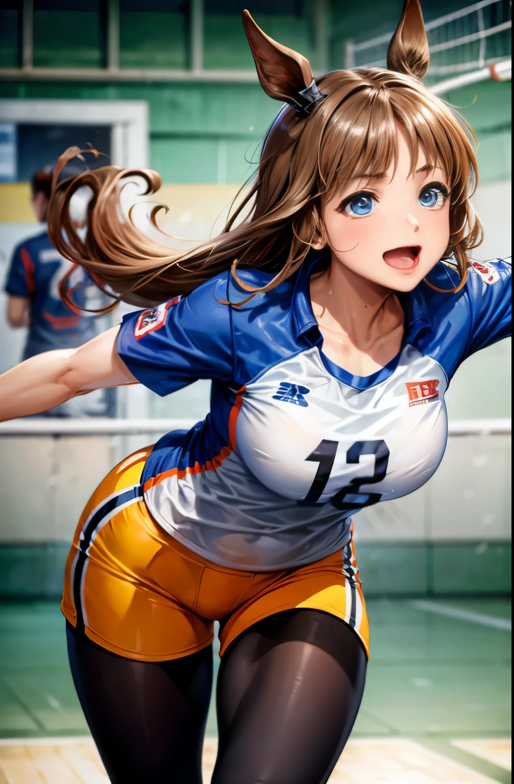 ((masterpiece、highest quality))、solo、Glass Wonder、Uma Musume、solo、marl、hair length、brown hair、((white shirt with lines on the cuffs))、((volleyball uniform))、((black tights))、earrings、、laughter、grassland、running、Wind、dynamic pose、dynamic angle、big breasts、wet costume、