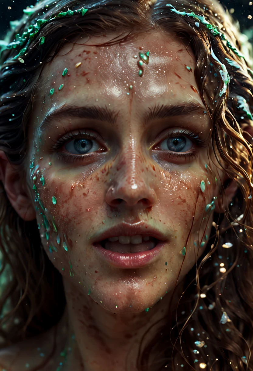 a Beautiful Elf, Elf ear, close up portrait, huricane of woman particles, melting woman, seafloor, flake, boiling woman, slow motion, long hair, detailed eyes, Romance, film grain, RAW photo, Cinematic lighting, octane render, (best quality, masterpiece, Representative work, official art, Professional, 8k:1.3)