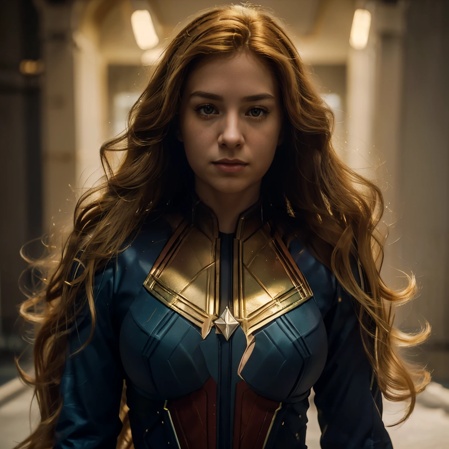 vKeswin : 1, side light, (long golden hair: 1.3), Hair edge lighting, Shallow and clear depth of field, heroine, (curve: 1.4), (Very detailed), (Award-winning workers section), movie photos, (human development report), (8k wallpaper), Captain Marvel costume, flight, sky background, female focus