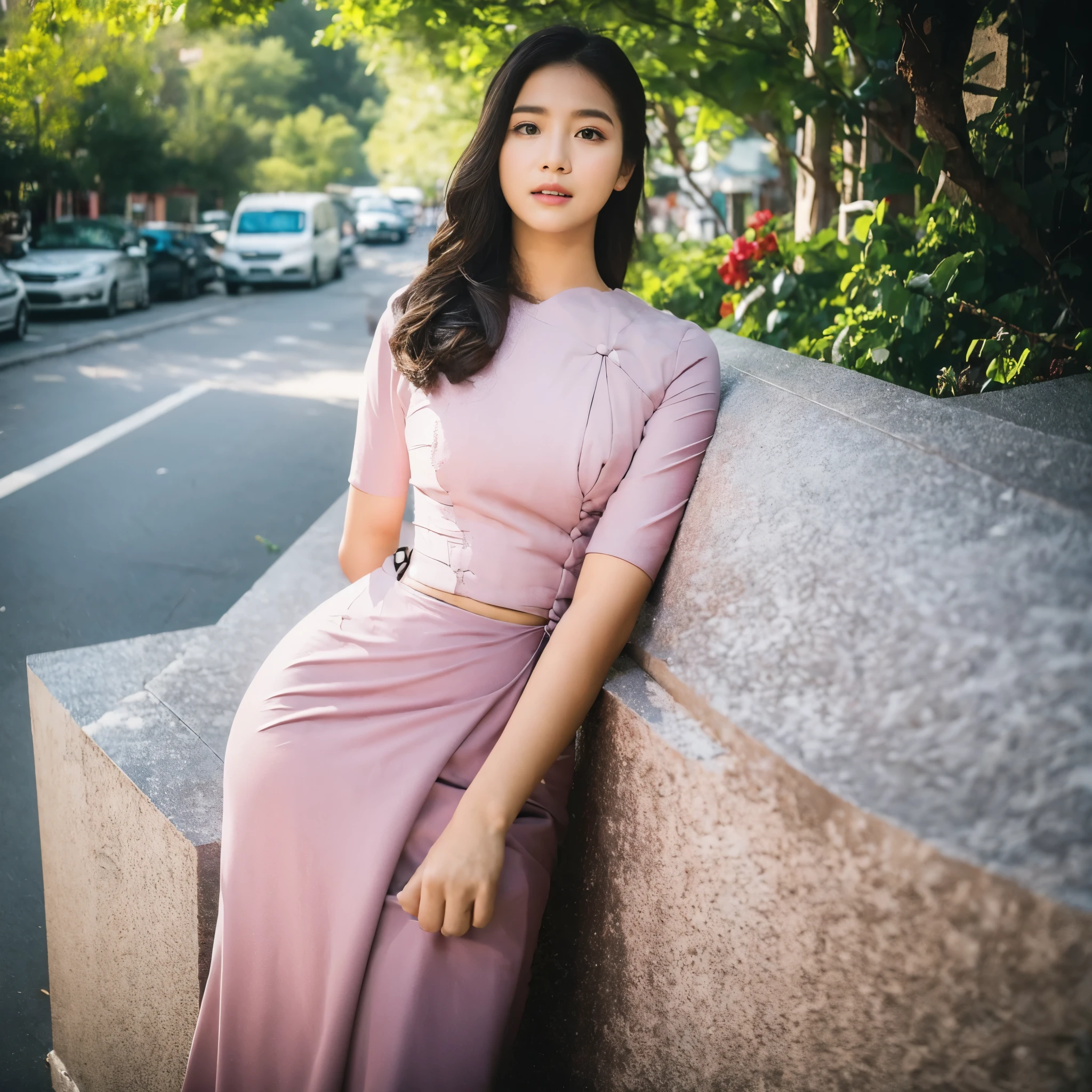 (masterpiece), (best quality), (ultra detailed),(disheveled hair),(illustration), (1girl), (Fashionable clothing), standing, full body shot ,looking at viewer, (interview), (simple background),beautiful detailed eyes, delicate beautiful face,  best lighting, best shadowkorean, gorgeous lady,
attractive beautiful face, wearing myanmar outfit , 
standing 
hand together in front, 
standing near the street,
long black hair on shoulders, 
sexy and seductive eyes, 
high angle shot, 
beautiful nose,
mdeium size breast and buttock,
hyperrealistic cinematic shot