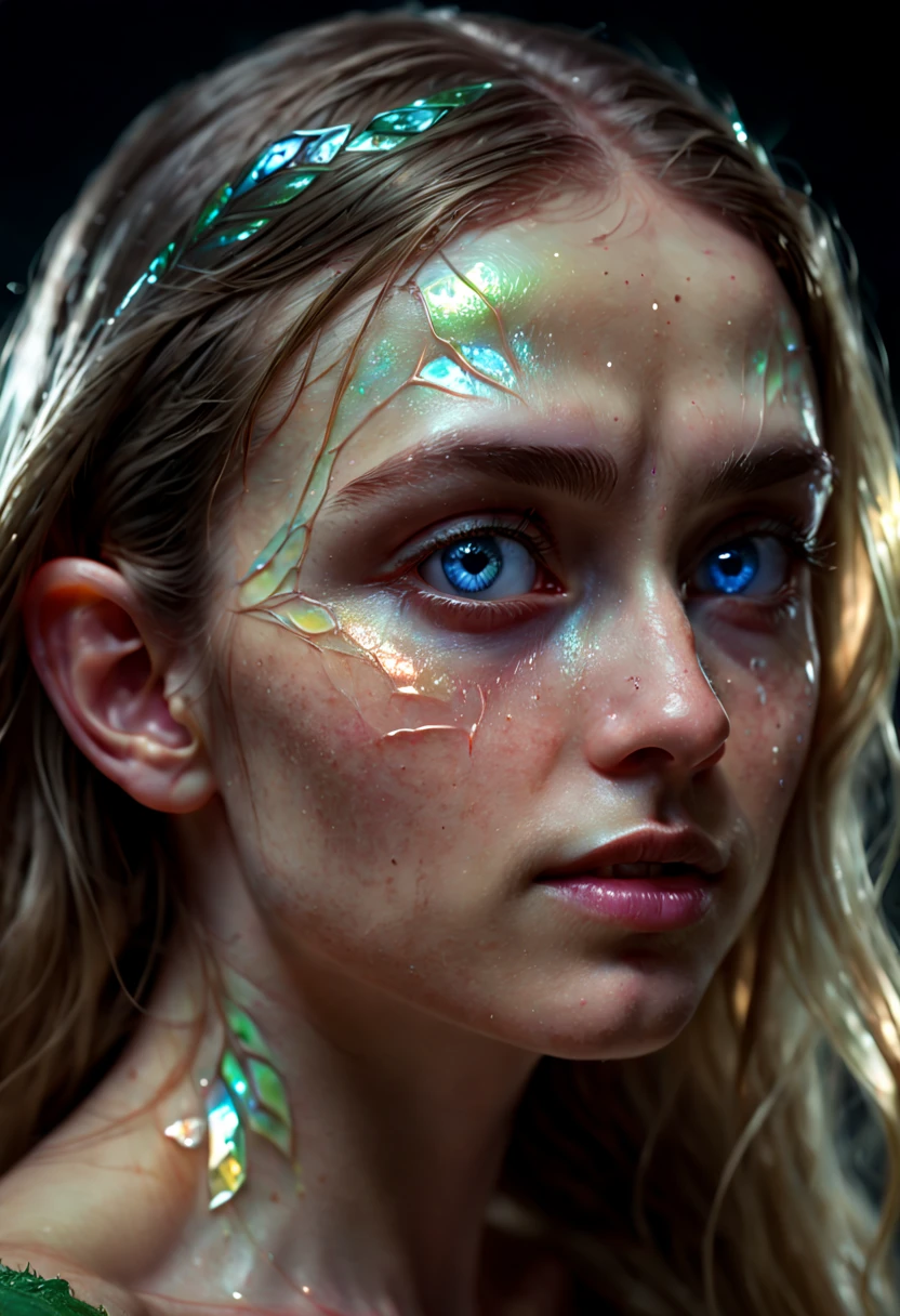 a Beautiful Elf, Elf ear, translucid spectrum of light, glown veins, glass skin, skin made of glass, translucid derme, light through body, crystal eyes, smooth texture, danlos syndrome affects skin, sublime pose, dream, old memory, reflected background, beam of light, circulatory made of light-fiber, vital, heart of diamond, infinite field, melting, long hair, detailed eyes, Romance, film grain, RAW photo, Cinematic lighting, octane render, (best quality, masterpiece, Representative work, official art, Professional, 8k:1.3)