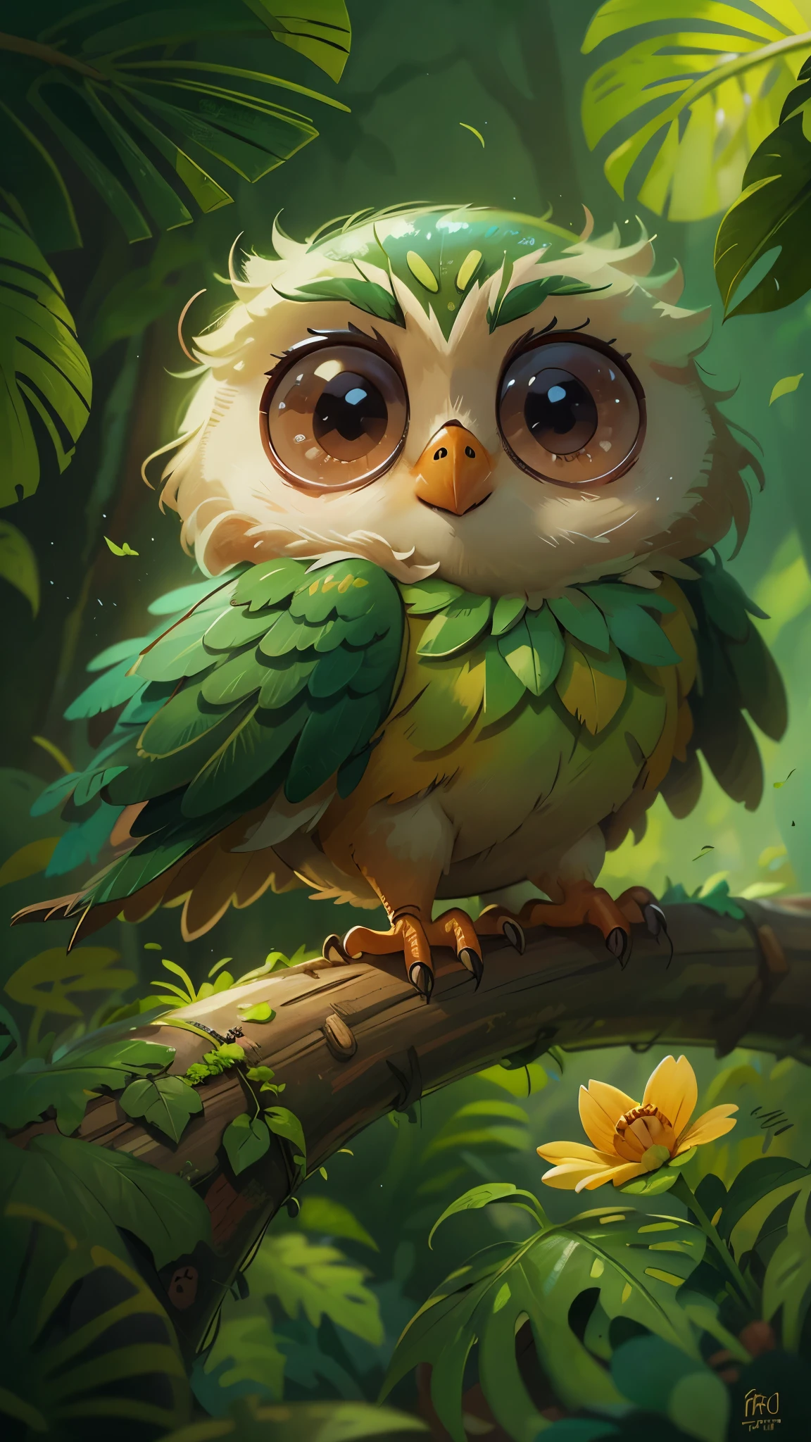 a cute owl,playing on the brancheront view, close up, Pixar cinematic style, best quality, movie stills, very cute, big eyes, Bright Eyes, Birds and flowers around, Rainforest, cute digital painting, Lovely and detailed digital art,