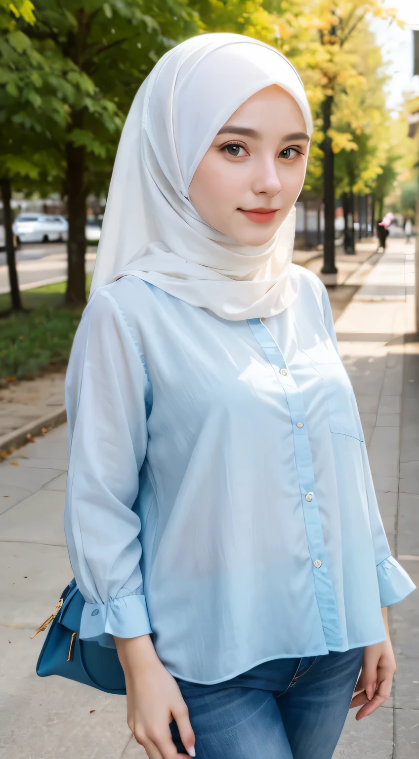 1 Girl, Beautiful, Russian Baby Face, 28 Years Old, White Skin, hijab, wearing long blue blouse, natural pose, looking directly at the camera, housing area background, raw photo, full body: 1.5, 