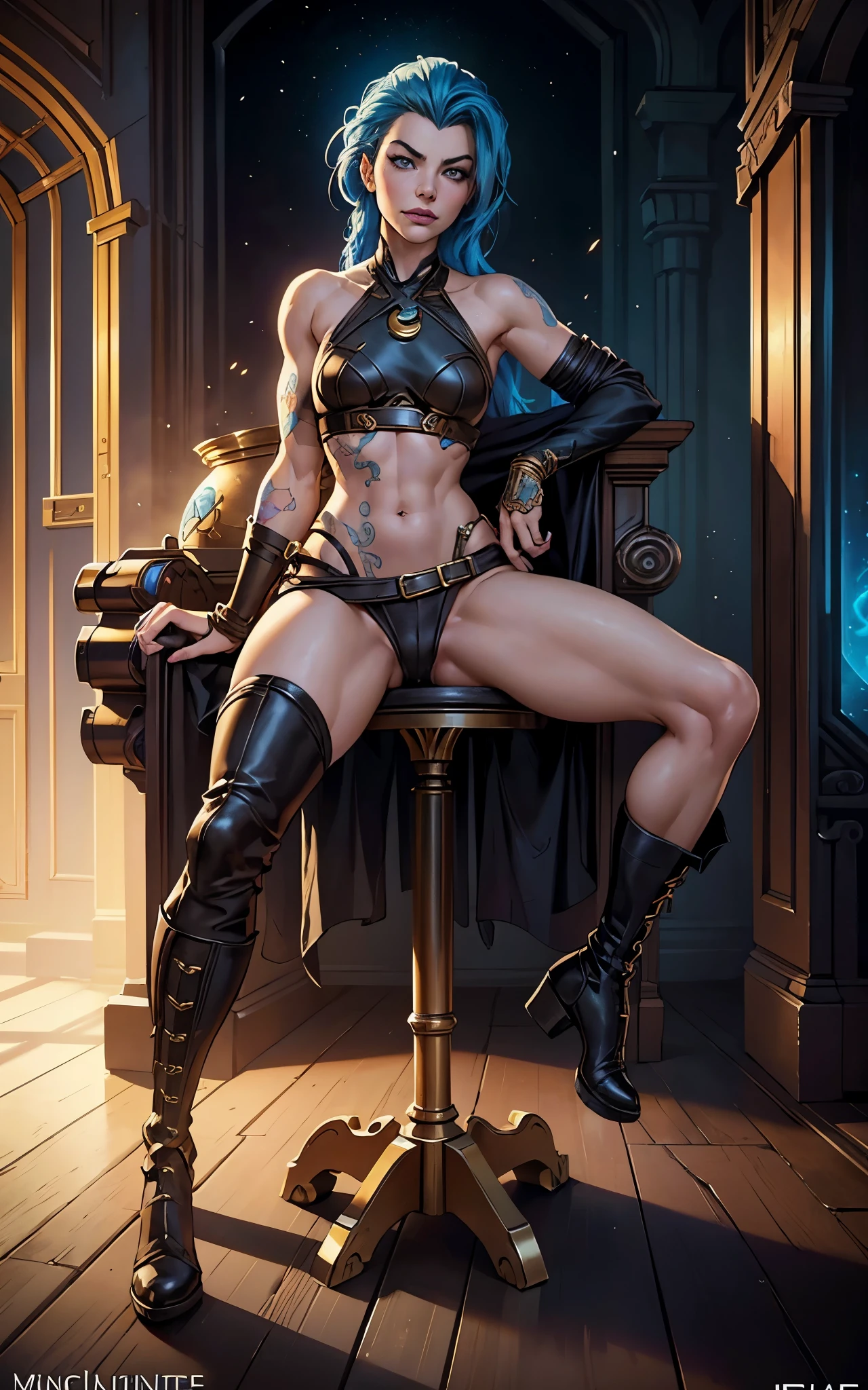 (Evangeline Lilly:Margot Robbie) is jinx from league of legends, sitting in a throne made of junk, pale skin, blue messy hair with long breads, boots, skinny body, small breasts, Full body, Beautiful anime waifu style girl,hyperdetailed painting, luminism, art by Carne Griffiths and Wadim Kashin concept art, dark background, abstract beauty, approaching perfection, pure form, golden ratio, minimalistic, dark atmosphere, unfinished, concept art, intricate details, 8k post production, high resolution, hyperdetailed, trending on artstation, sharp focus, studio photo, intricate details, highly detailed, steampunk