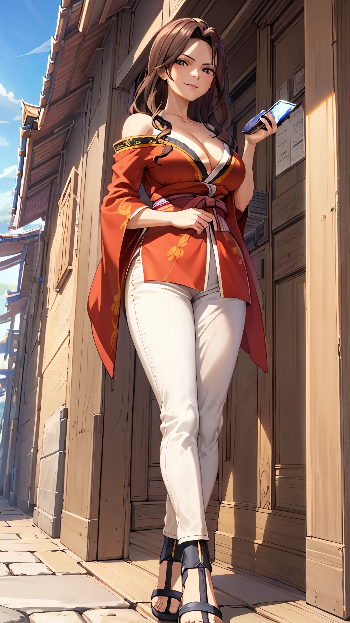 masterpiece, high quality, 8k, best qualitymasterpiece, cinematic lighting, in front of the temple, wear a kimono, off shoulder,cleavage, big boobs, extremely detailed CG unity 8k wallpaper, canarnd, 1girl, mature female,smile, parted lips, looking at viewer,