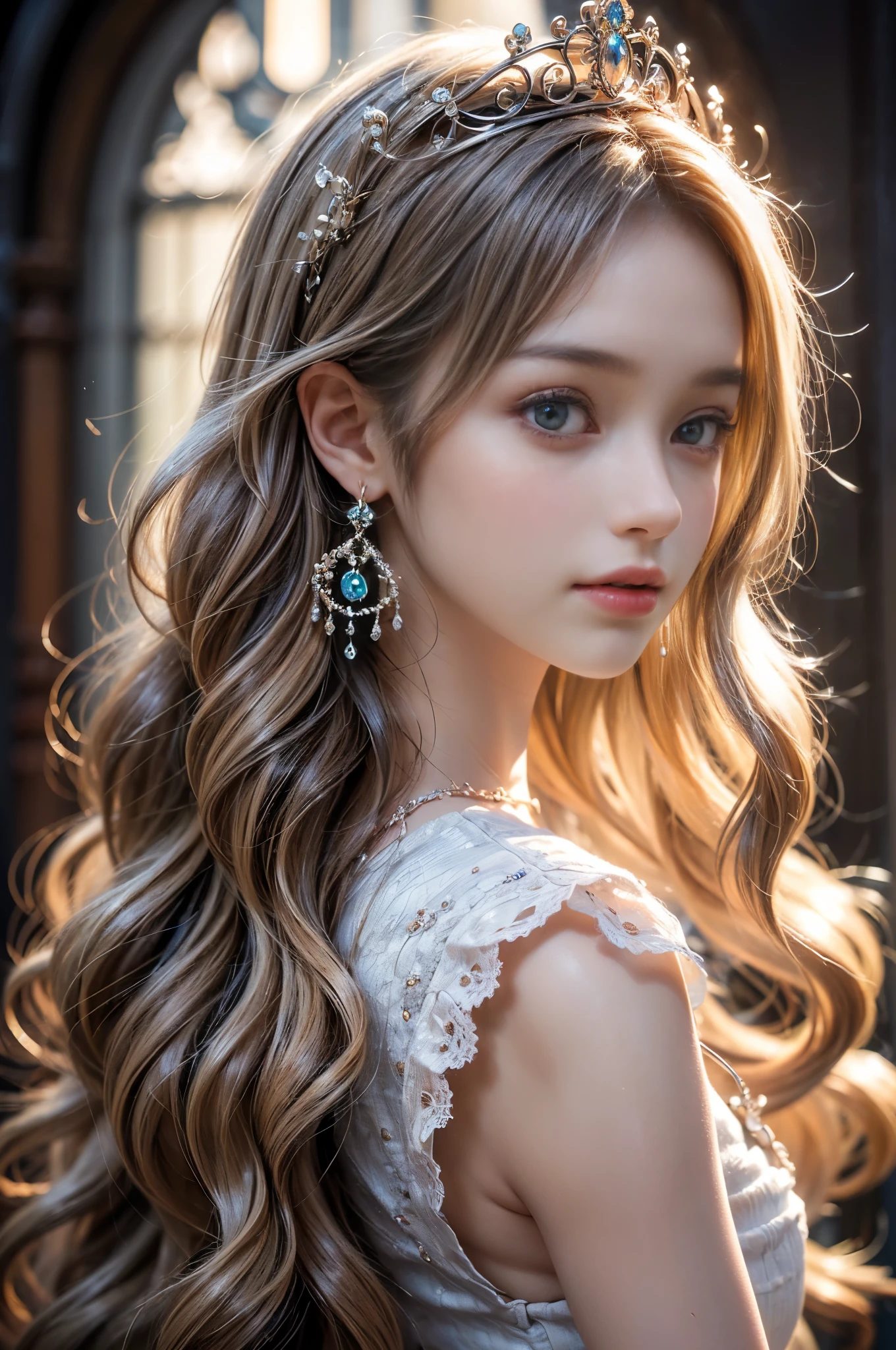 ((RAW shooting:1.5, realistic:1.5, 8K, highest quality, masterpiece, ultra high resolution)), Inside the luxurious British Royal Palace, professional camera work:1.3, Highly detailed skin and facial textures:1.3, glow light effect, Super detailed:1.3, cute 15 year old british princess, Fair skin, Glossy skin, (elegant:1.4, small face), Ultimate Cute Face:1.5, (cute eyes:0.9, looking far away), smile:1.0, (mouth is slightly open:0.4, Clean and refreshing taste:0.7), double eyelid, ((super long up blonde curly hair)), tiara, necklace and earrings, ((elegantで光沢のあるサテンのプリンセスドレスをオフショルダーで正しく着こなす方法)), big breasts, cowboy shot, ((sunrise:1.1, sunlight shining from behind:1.6, Strong sunlight spreads across the screen:1.6)), ((Strong sunlight shines on a woman:1.7))