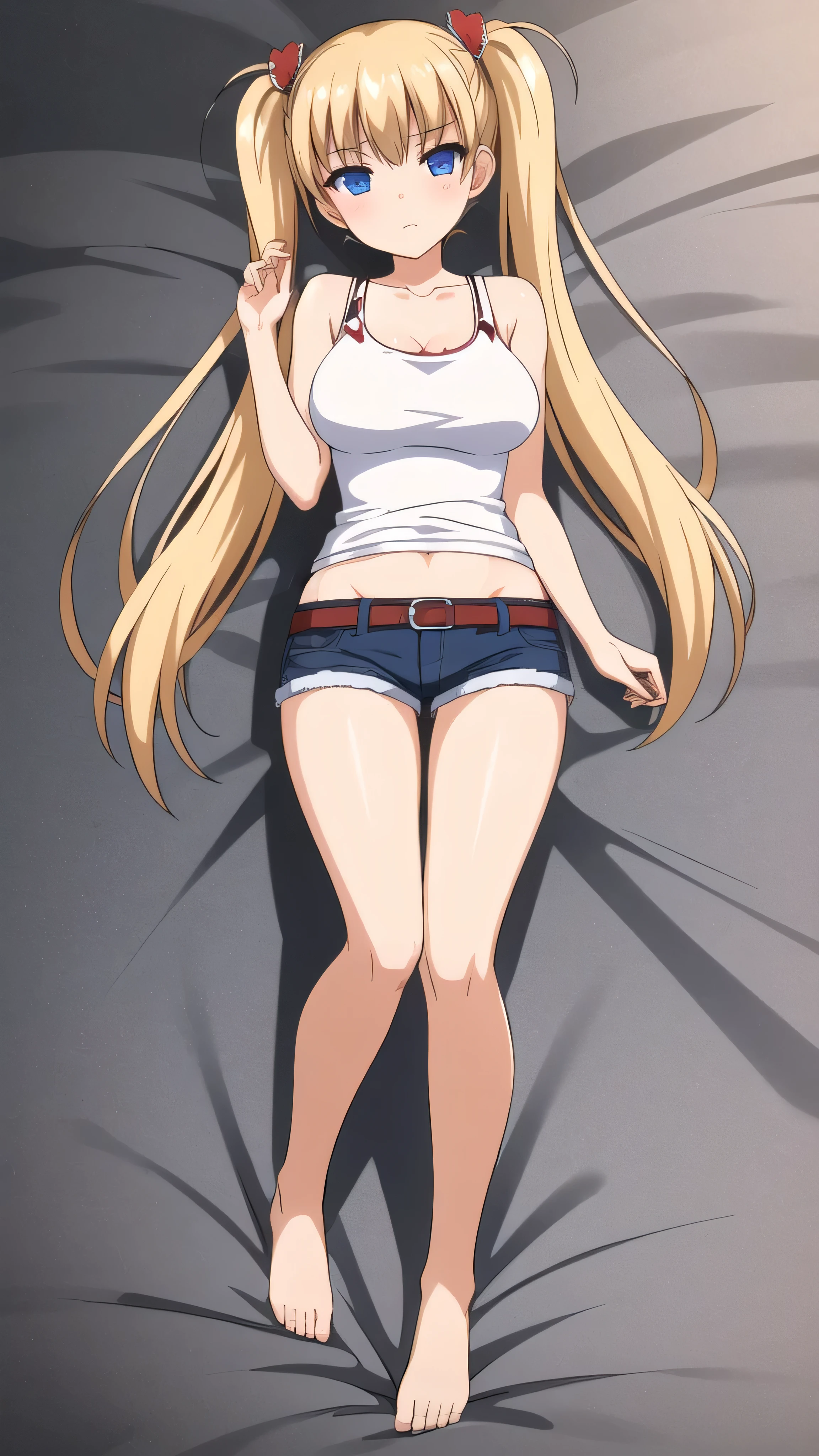 1girl, akizuki airi, blue eyes, blonde_hair, twintails, very_long_hair, she is wearing it in her hair_ornament red, hair_scrunchie red, medium_breasts, wearing a white tank top, some blue jean shorts, with a red belt, She is wearing thigh high stockings, full body, she is lying on a white sheet, Dakimakura, top view, ranking: explicit, full body,