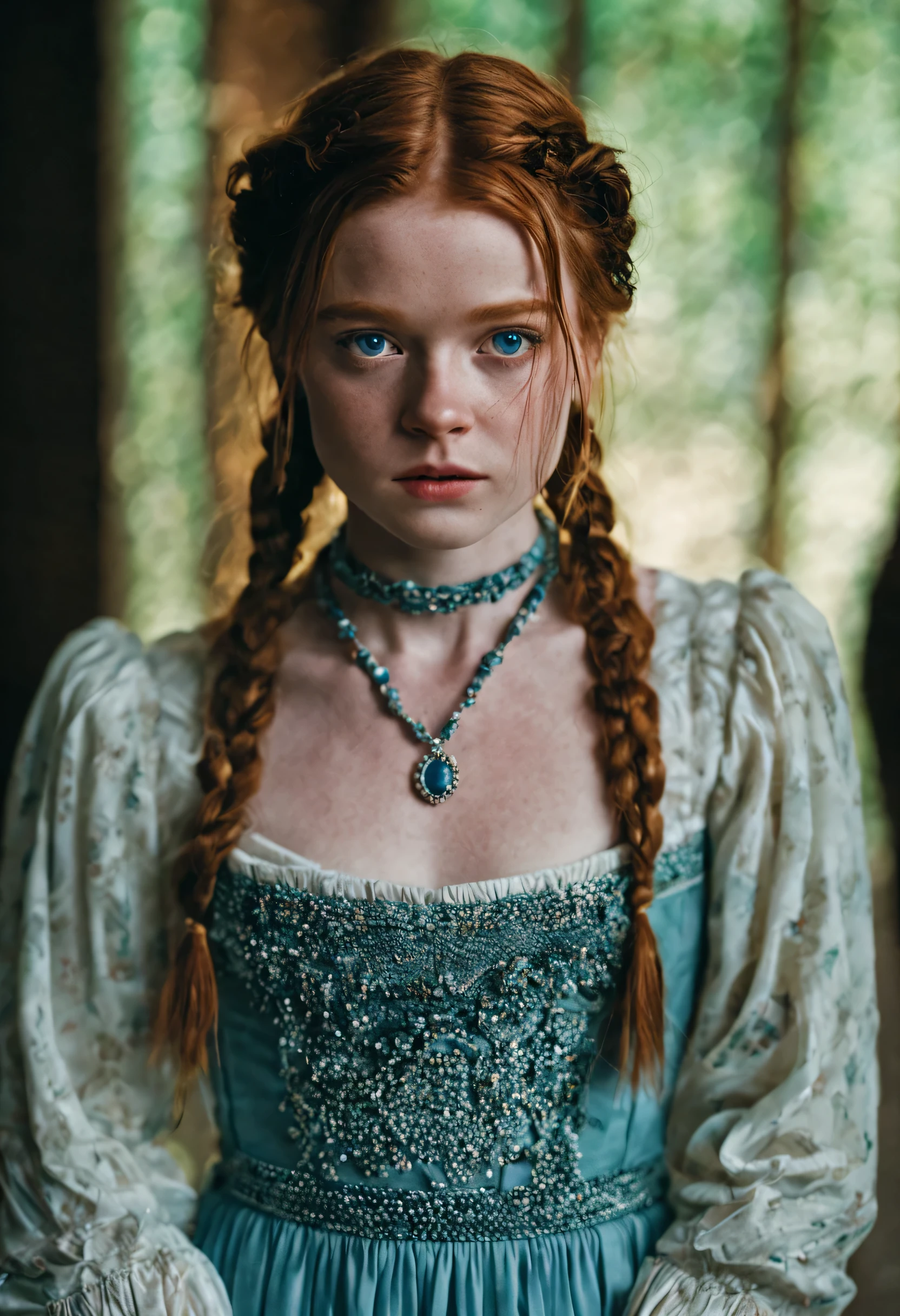 sadie sink, in la bete movie, by Walerian Borowczyk, erotic, 1girl, blue_eyes, blurry, blurry_background, braid, choker, depth_of_field, dress, earrings, eyelashes, freckles, hair_over_shoulder, jewelry, lips, long_hair, long_sleeves, looking_at_viewer, necklace, pendant, puffy_long_sleeves, puffy_sleeves, realistic, single_braid, solo, twin_braids, upper_body