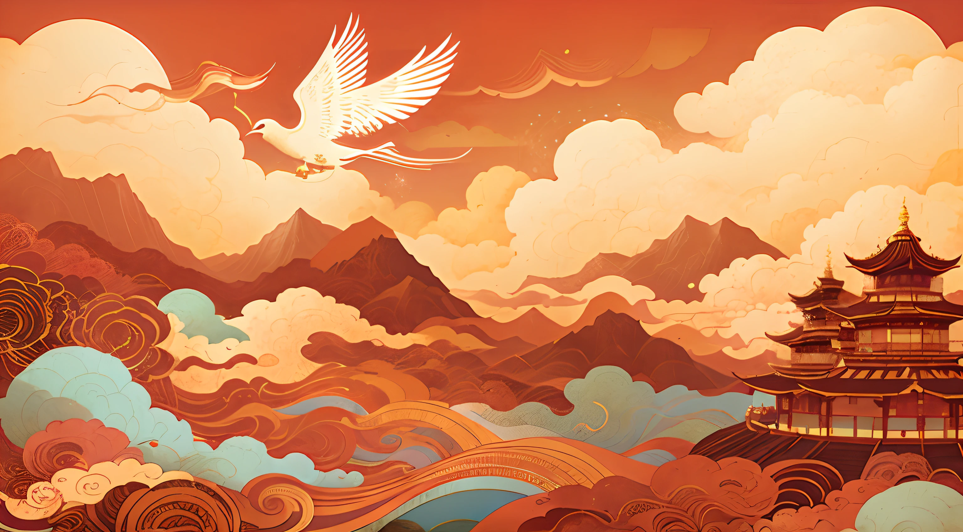 there  a painting of a bird flying over a mountain, Illustrations inspired by Victo Ngai, Cloud、Wings and waves, Defeat Ngai fine texture, Defeat Ngai style, britney lee, Defeat Ngai and tristan eaton, Defeat Ngai! muted sepia colors, Defeat Ngai! pastel colors, Defeat Ngai and surrealism