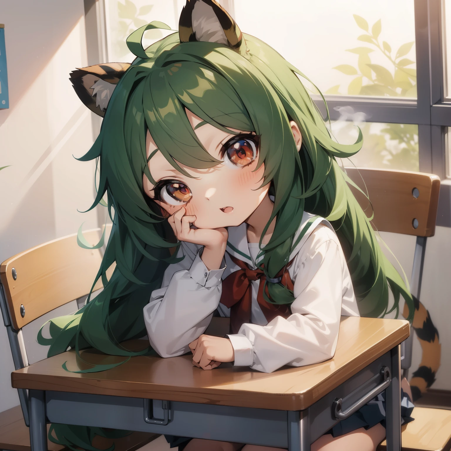 ((chibi:1.4)), (masterpiece), (best quality), high resolution, ultra detail, 8K, 1 doll, (long wavy hair, green hair, big red eyes, tiger ears, tiger tail), school girl, school sailor uniform, white shirt, pleated skirt, sitting in a chair and lying on the desk, holding textbook, Expressionless, open mouth, ((smoke from head)), classroom