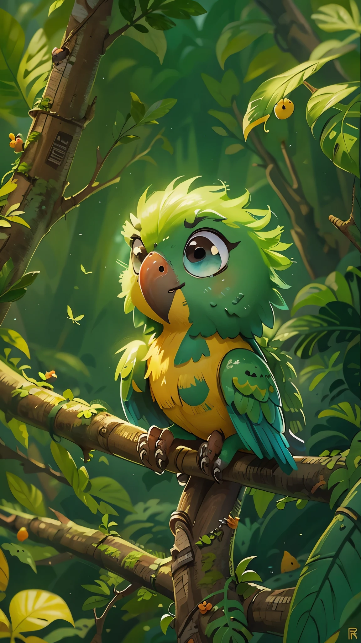 A cute little parrot，playing on the branches，close up, Pixar cinematic style, best quality, movie stills, very cute, big eyes, Bright Eyes, Birds and flowers around, Rainforest, cute digital painting, Lovely and detailed digital art,
