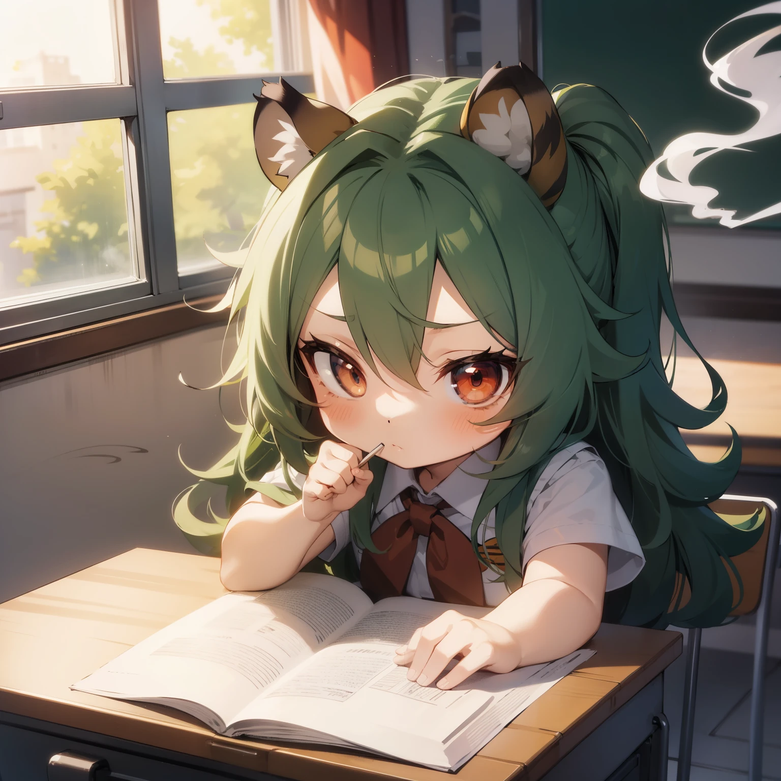 ((chibi:1.4)), (masterpiece), (best quality), high resolution, ultra detail, 8K, 1 doll, (long wavy hair, green hair, big red eyes, tiger ears, tiger tail), school girl, school sailor uniform, white shirt, pleated skirt, sitting in a chair and lying on the desk, holding textbook, Eyes on, syncope, dazed, ((smoke from head)), classroom