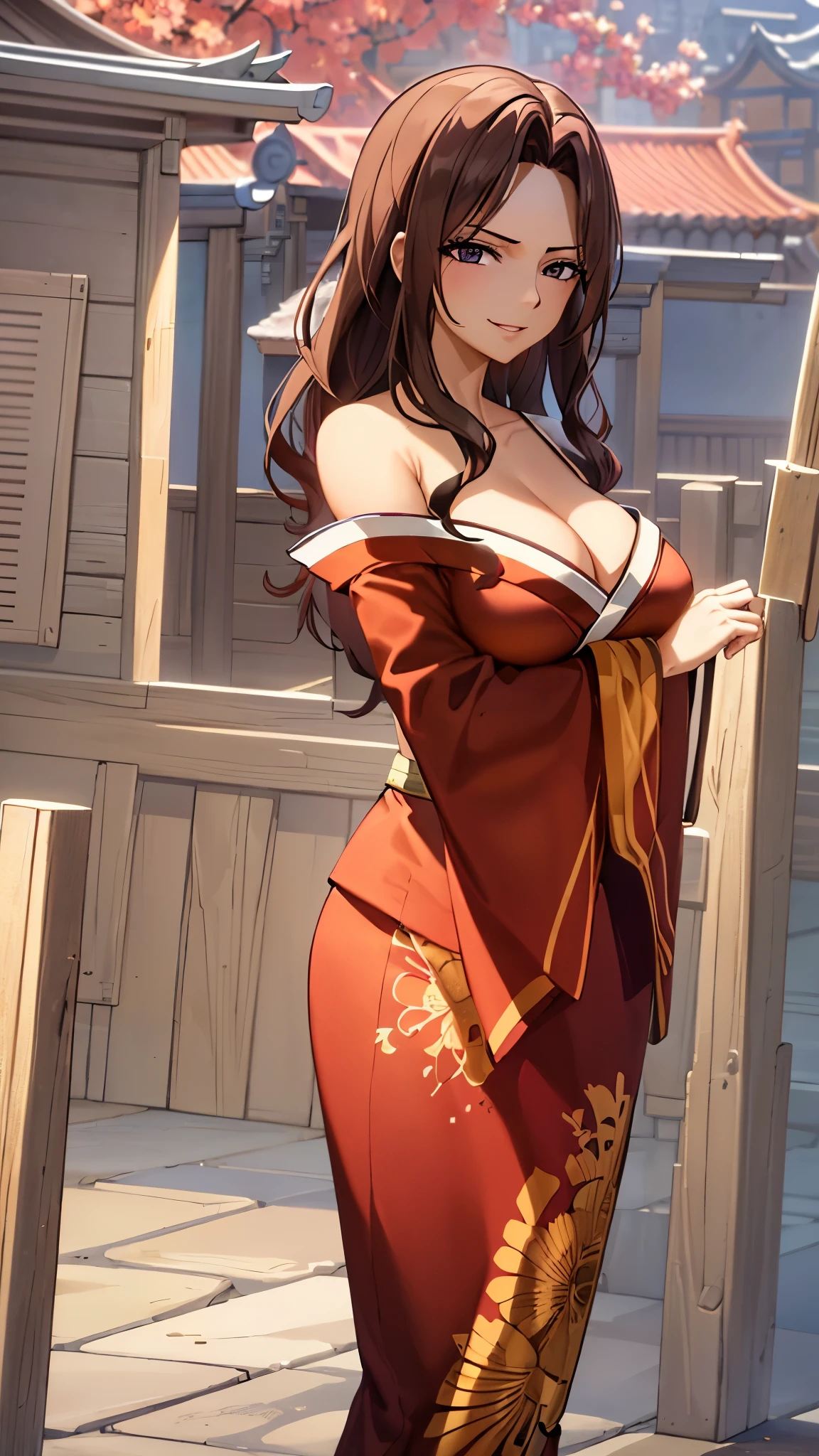 masterpiece, high quality, 8k, best qualitymasterpiece, cinematic lighting, in front of the temple, wear a kimono, off shoulder,cleavage, big boobs, extremely detailed CG unity 8k wallpaper, canarnd, 1girl, mature female,smile, parted lips, looking at viewer,