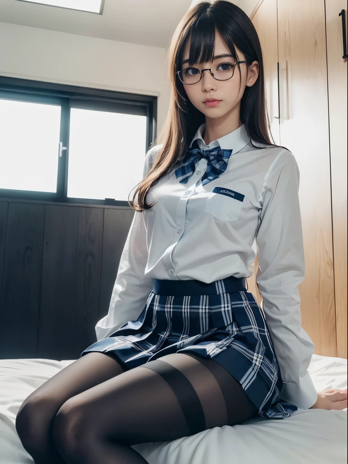 (I can see my underwear)、((細いeye))、((細いeye))、((細いeye))、(8K、生photographgraphy、highest quality、masterpiece:1.2),、small、(flat chest)、(flat chest)、(flat chest)、(flat chest)、(flat chest)、(Are thin)、Fair skin、Whitening、dark look、skinny,sex appeal,Fair skin肌,Saucy,School,looking at the viewer,looking straight ahead,Plump,high-pitched clothes,erotic,students,white skin,knees,((black pantyhose)),((black pantyhose)),disorganized,(small face),(small face),I can see the forehead,Bangs hanging from the left and right sides of the forehead,(cold look,eyeがきつめ,glare,bullish,anger)、masterpiece,highest quality、ultra high resolution,生photograph,beautiful,beautiful,There is only one person, solo,Glasses,,dark look,small breasts same,full body,(まるGlasses),JK uniform,high school girl,japanese woman, (photorealistic:1.37)、photon mapping,Reality、beautiful woman,cute ,ブラウンeye、black socks、(red bow tie)、radio city、Physically based rendering、depth of field rally background、photograph,body,beautiful feet, long legs, thin legs,(I can see my bangs), Hairy pubic area, lips, blue_eye, nose soft,(light blue dress shirt), (Navy, blue and white plaid pleated skirt), kneesが見える,transparent clothing,, Peaches, black cotton socks,Nogizaka Idol, , japanese idol