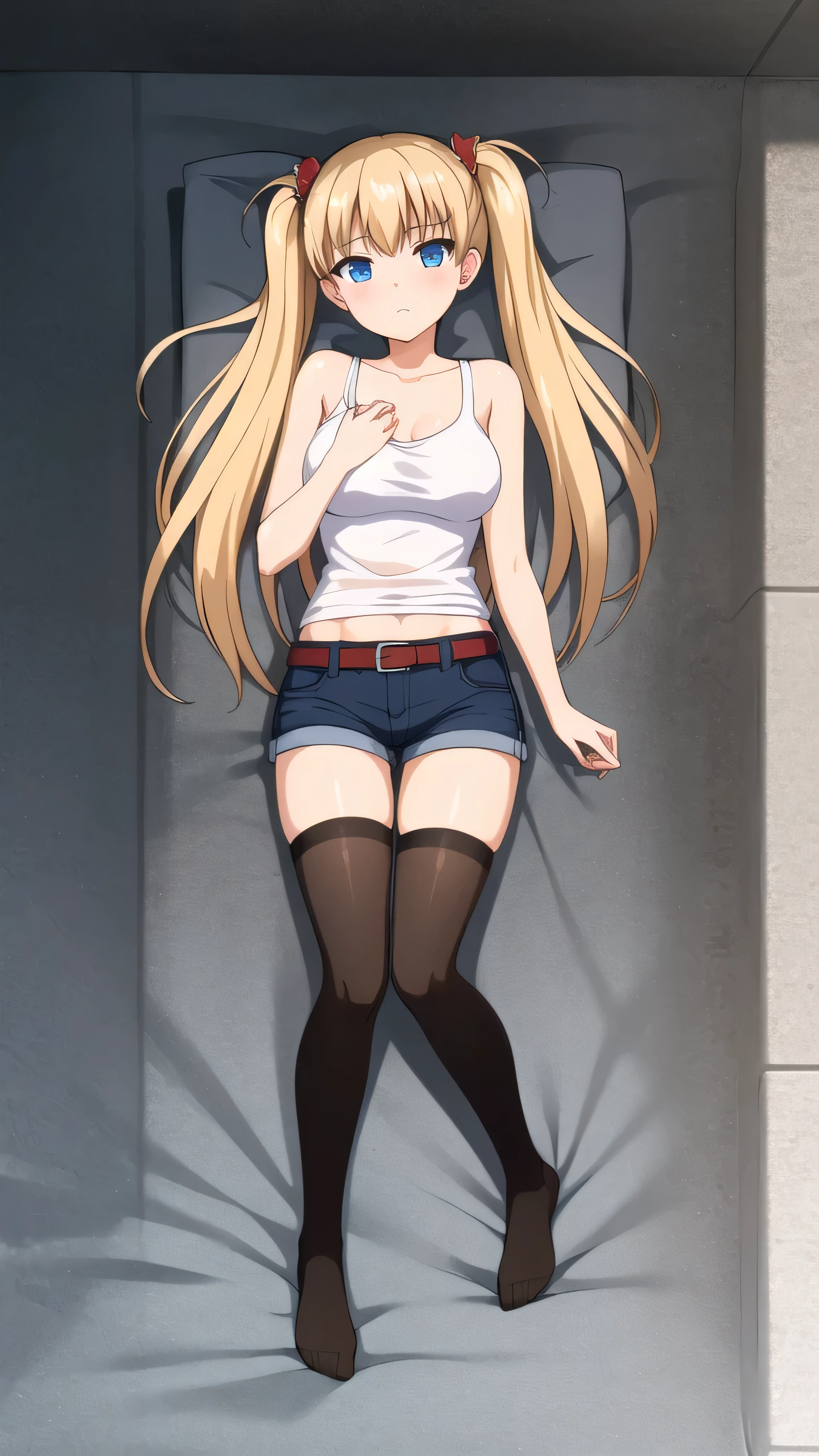 1girl, akizuki airi, blue eyes, blonde_hair, twintails, very_long_hair, she is wearing it in her hair_ornament red, hair_scrunchie red, medium_breasts, wearing a white tank top, some blue jean shorts, with a red belt, She is wearing thigh high stockings, full body, she is lying on a white sheet, Dakimakura, top view, ranking: explicit, full body,