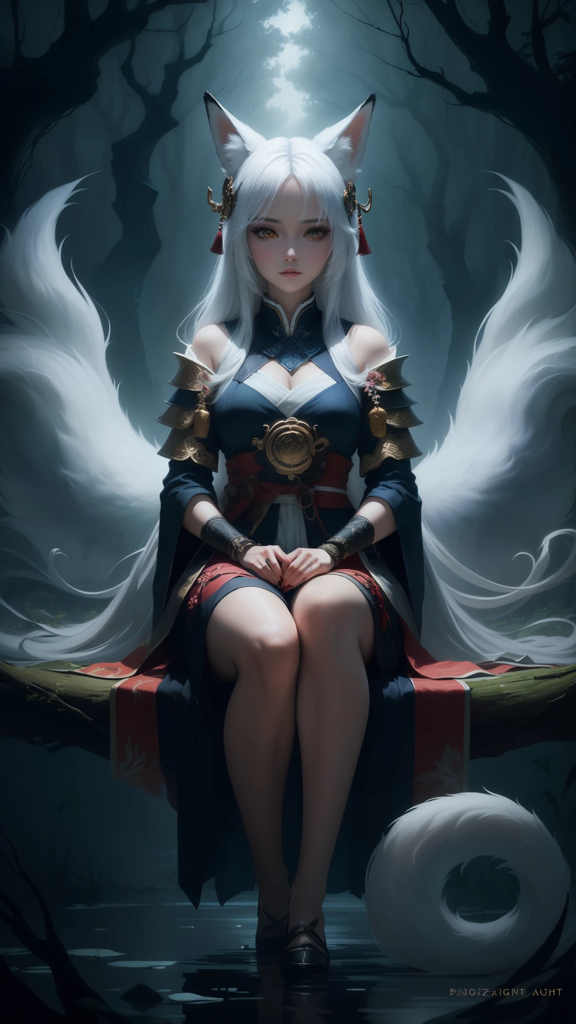 Painting of a fox woman with white hair sitting on a branch,fox ears, ethereal fox,nine tail fox,Fox three-tailed fox,Onmyoji detailed art,Nine Tails,a beautiful artwork illustration,mythological creatures,red fox,Beautiful digital artwork,Exquisite digital illustration,mizutsune , Inspired by the mythical creature wildnet,Digital art on Pixiv,strong lights,hight contrast,Horror movie theme,Dark atmosphere,Standing painting