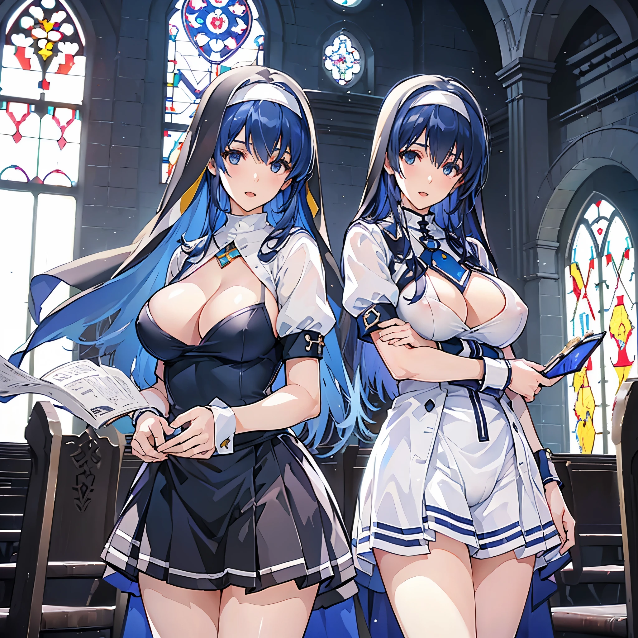 (best quality, In 4K, 8K, High resolution, muste piece:1.2),(two women with different hair lengths),Super detailed, (Reality, photorealistic, photorealistic:1.37),  30 year old woman,ripe woman,((inside a church),muste piece, Top quality, Ultra-fine,maximum resolution, Extremely detailed, ((nun,Angle from below,high neck,White panties)),Cord,smile,open mouth huge tits,blue hair,Seductive thighs,mini skirt