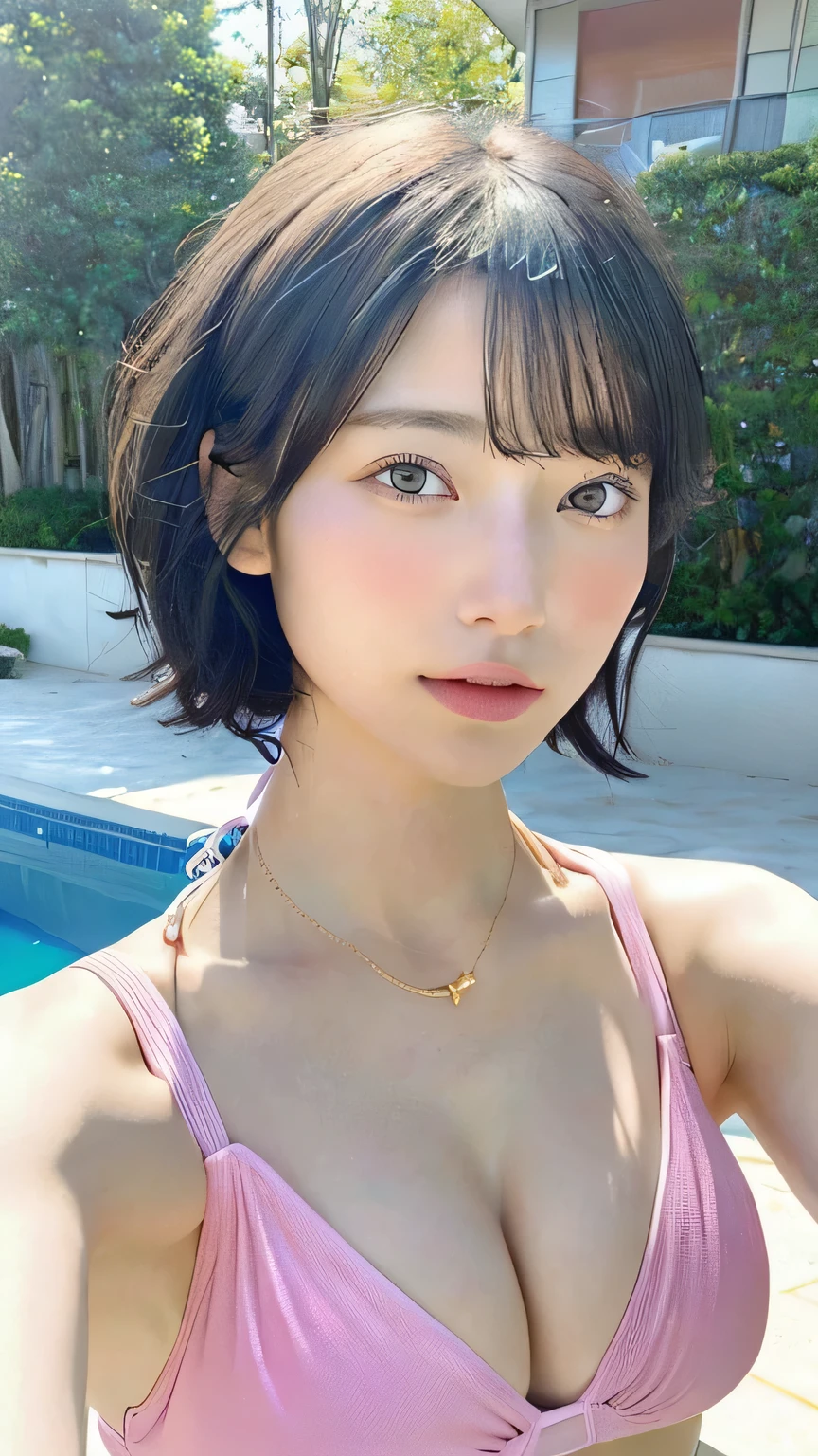 (masterpiece:1.3), (8K, Photoreal, RAW photo, best image quality: 1.4), Japanese, (1 girl), beautiful face, (lifelike face), (black haired, short hair:1.3), beautiful hairstyle, realistic eyes, beautiful eyes, (skin that looks real), beautiful skin, Charm, ultra high resolution, surreal, high detail, golden ratio, detail makeup,see the beholder,medium breasts,Pink bikini swimsuit、Pink swimsuit、Colorful swimsuit、Colorful swimwear、Ultra-fine swimsuit、