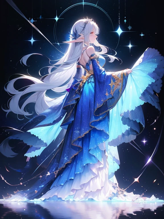 masterpiece, 1 elf woman, long silver hair, solo, wrenchfaeflare, glowing, embroidery, accessories, jewelry, reflection, refraction, night sky, starry sky, star \(sky\), blue theme, embroidery, accessories,