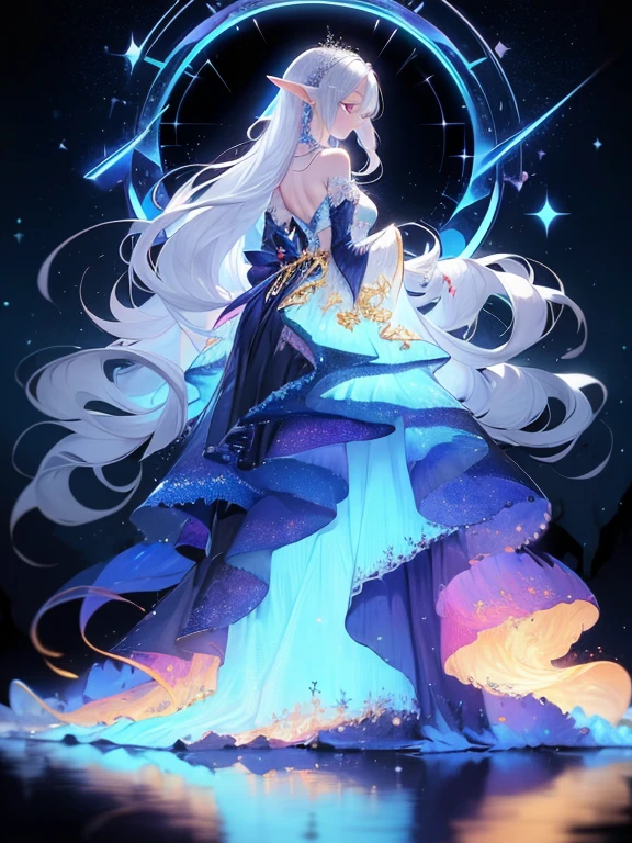 masterpiece, 1 elf woman, long silver hair, solo, wrenchfaeflare,  glowing, embroidery, accessories, jewelry, reflection, refraction, night sky, starry sky, star \(sky\), blue theme, embroidery, accessories,