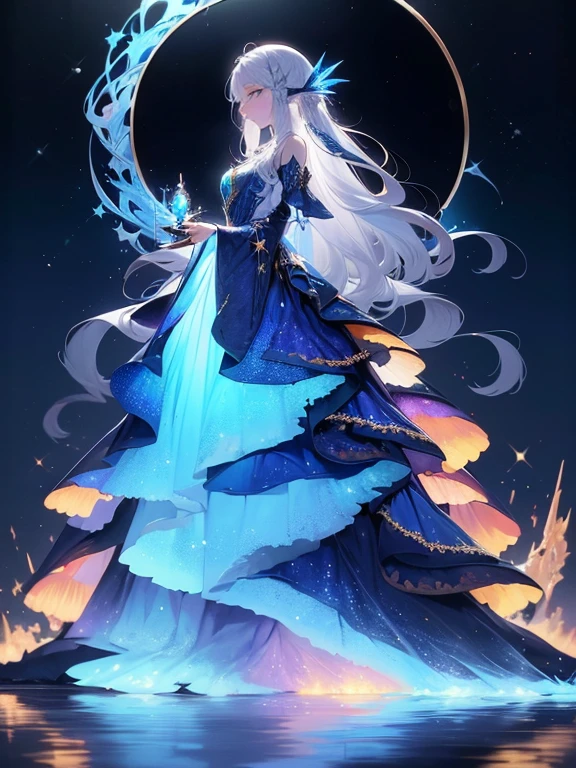 masterpiece, 1 elf woman, long silver hair, solo, wrenchfaeflare, glowing, embroidery, accessories, jewelry, reflection, refraction, night sky, starry sky, star \(sky\), blue theme, embroidery, accessories,