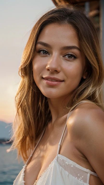 Photo of a stunning 24 year old girl. , trägt ein Beautifules weißes sexy Kleid , Urlaubsreise in Griechenland Mykonos Beautifuler Sonnenuntergang auf Mykonos ,European face, blonde hair , portait image, decent smile, looking at the camera , impressive lighting, Beautiful, (deep division), taking a picture, west, (masterpiece), Best quality, a high resolution, Extremely detailed background, skin with pores, , Cinema lighting completed., Playing with Hair,
