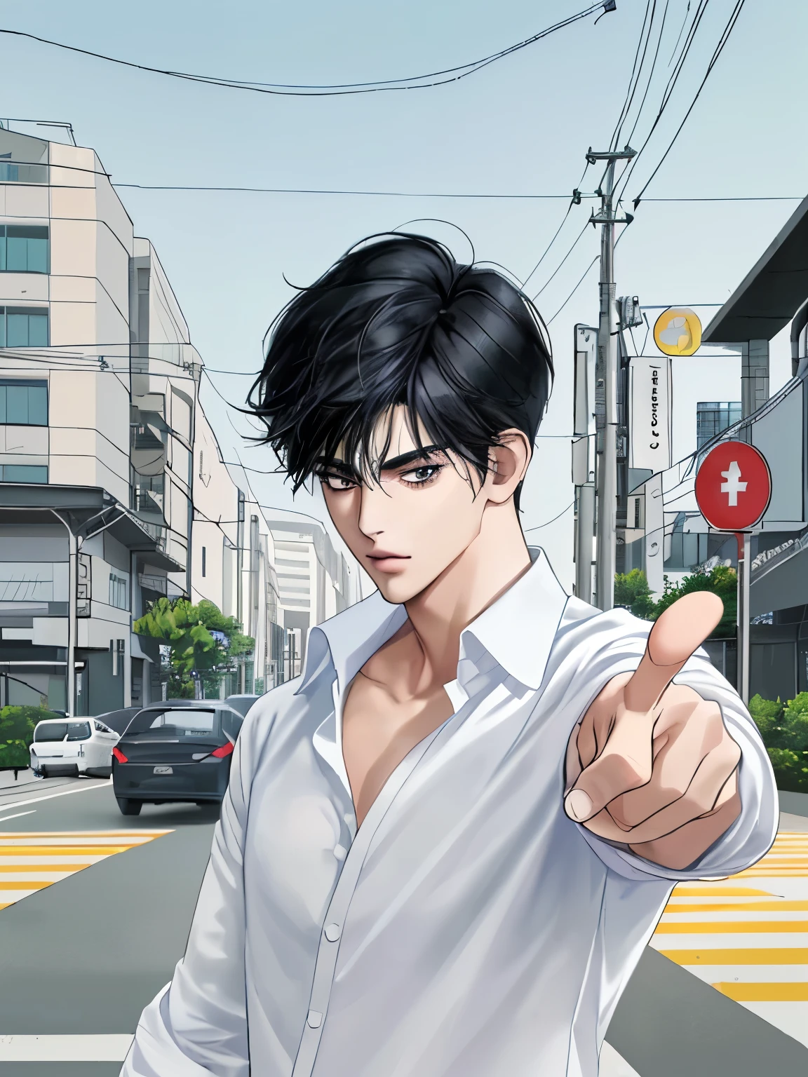 1boy, black hair, upper body, handsome, anime, white shirt, turn back, standing the street, pointing to the road ahead, nights, dark sky, masterpiece, best quality, delicate face.