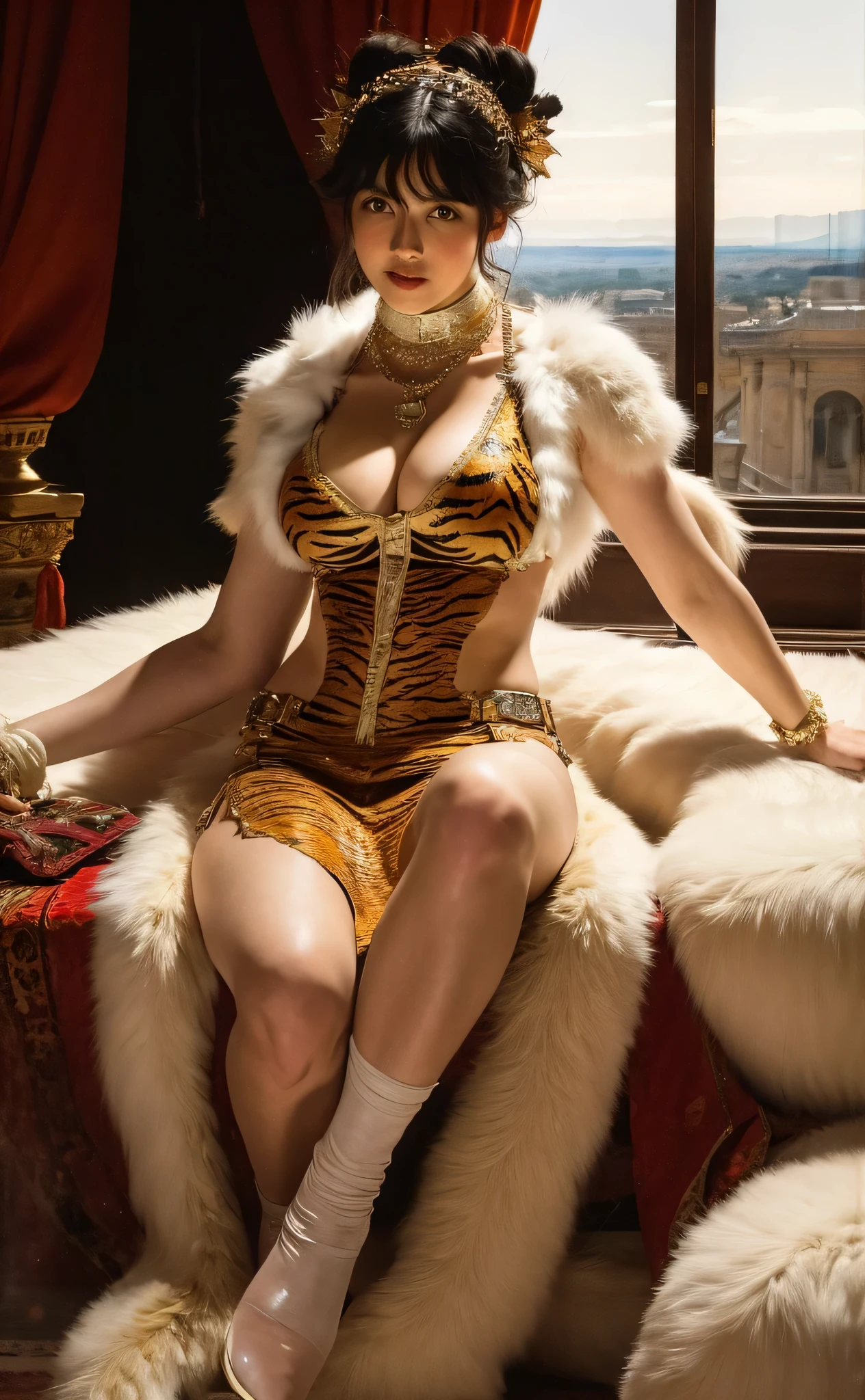 Lawrence Alma-Tadema's painting depicting isometric view of a incredibly cute sexy woman dressed with a torn fur clothing ice-tiger-pattern, warrior-costume, , torn clothes, cute boobs , , nipple, elegant, at roman throne room