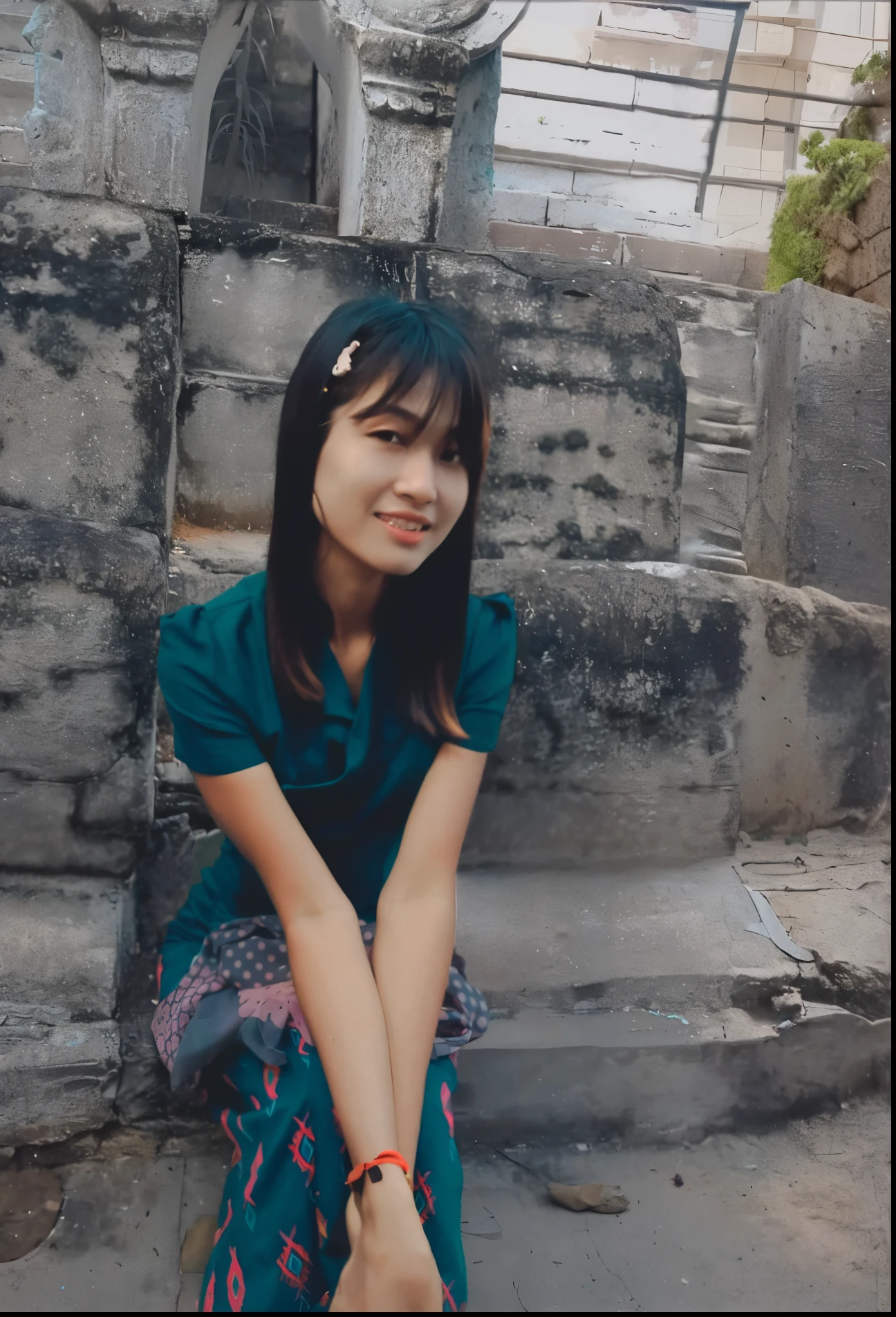 arafed woman sitting on steps with a clock in the background, nivanh chanthara, a young asian woman, photo taken in 2 0 2 0, anime thai girl, mai anh tran, young asian girl, in style of lam manh, thawan duchanee, young asian woman,  my linh, a cute young woman