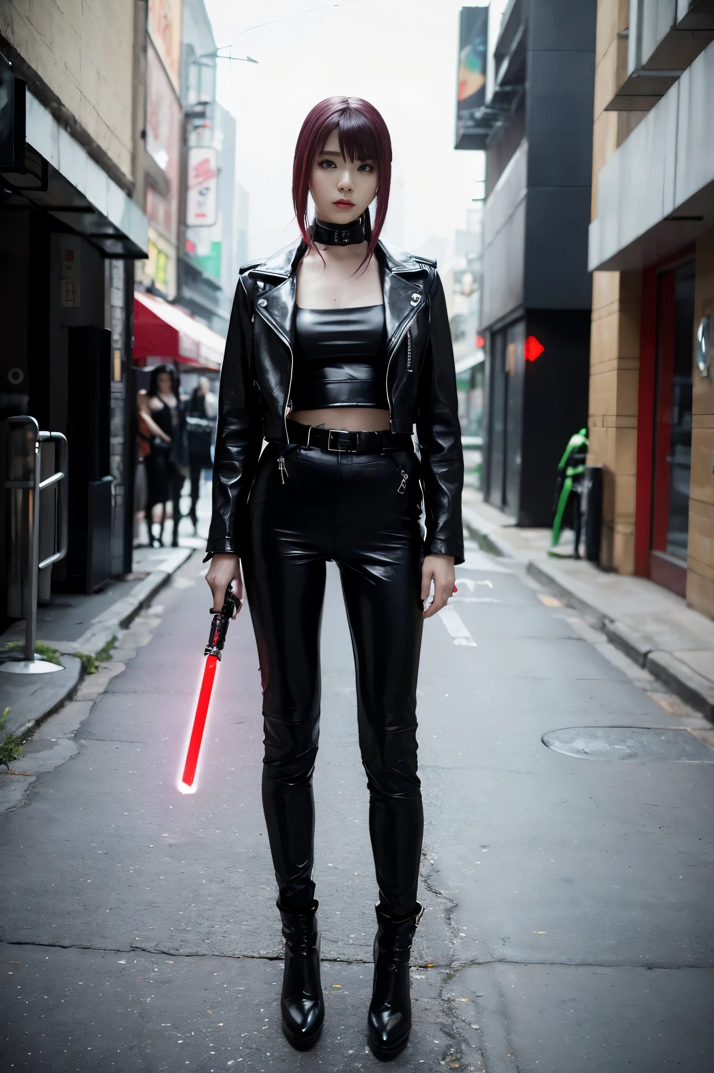 (((Masterpiece))), 15 years old girl in leather outfit holding a light saber on a city street, wearing cyberpunk leather jacket, cyberpunk angry gorgeous goddess, iu lee ji-eun as a super villain, cyberpunk outfit, all black cyberpunk clothes, female cyberpunk anime girl, cyberpunk 2 0 y. o model girl, cyberpunk style outfit, female cyberpunk, in cyberpunk style, seductive cyberpunk dark fantasy, cyberpunk assassin, ((full body)), ((leather trousers))