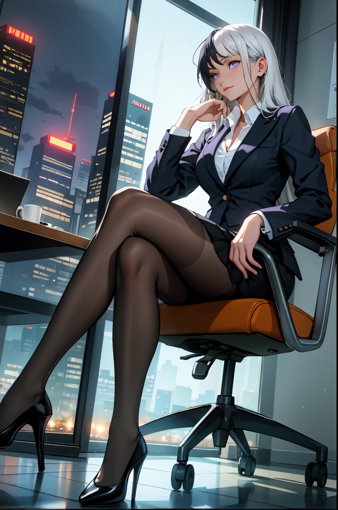 woman wearing business clothes, formal blazer, White shirt, High heel, Black high waist business skirt, beautiful, masterpiece, best quality, extremely detailed face, perfect lighting, beautiful hands, perfect hands, (Black and white hair:1.2), long hair, (purple eyes:1.2), slender figure, long legs, thin, medium breasts, businesswoman, CEO, Sit in a luxurious black leather office chair, glass wall,Night city skyline in the background