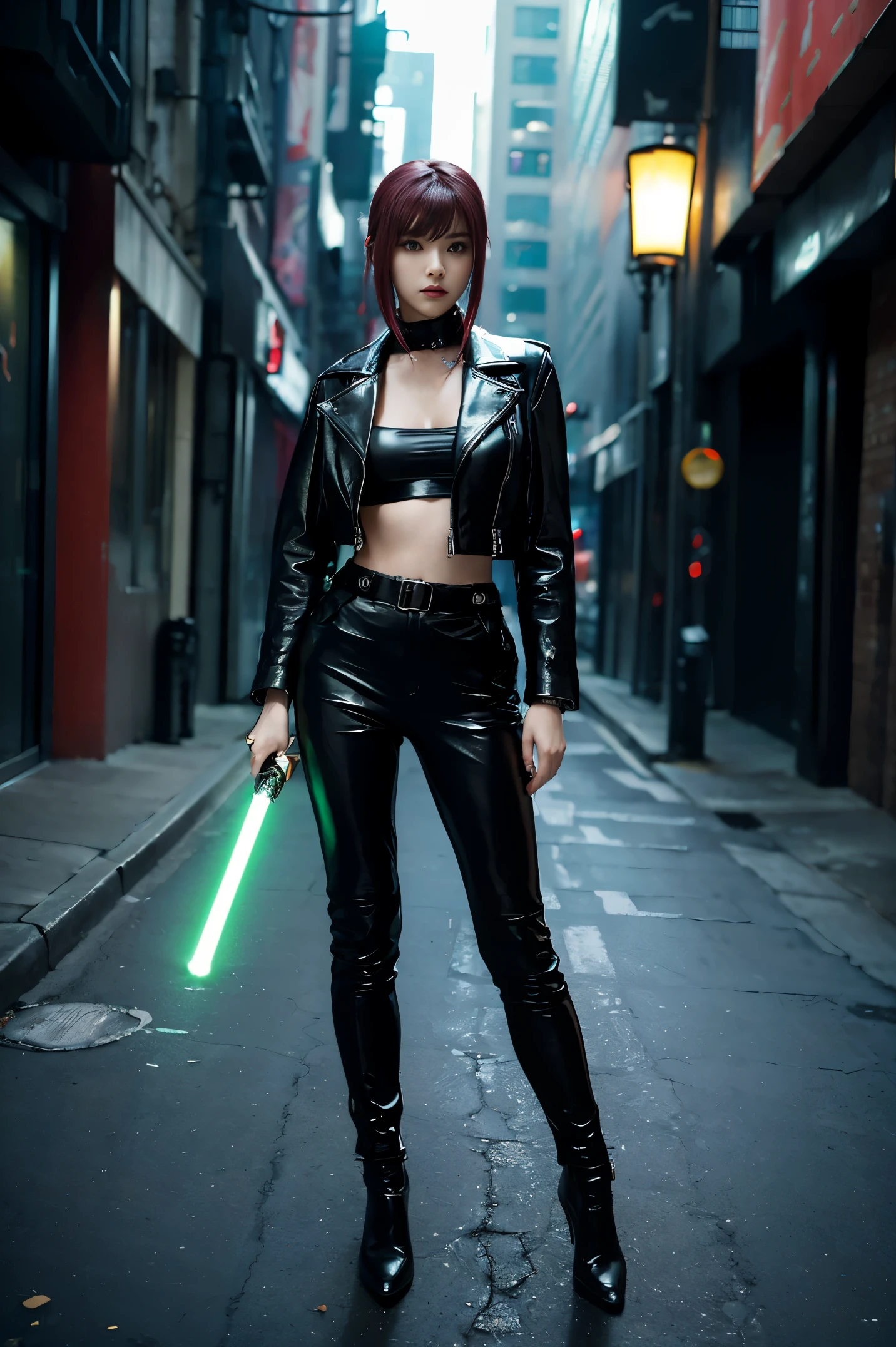 (((Masterpiece))), girl in leather outfit holding a light saber on a city street, wearing cyberpunk leather jacket, cyberpunk angry gorgeous goddess, iu lee ji-eun as a super villain, cyberpunk outfit, all black cyberpunk clothes, female cyberpunk anime girl, cyberpunk 2 0 y. o model girl, cyberpunk style outfit, female cyberpunk, in cyberpunk style, seductive cyberpunk dark fantasy, cyberpunk assassin, ((full body)), ((leather trousers))