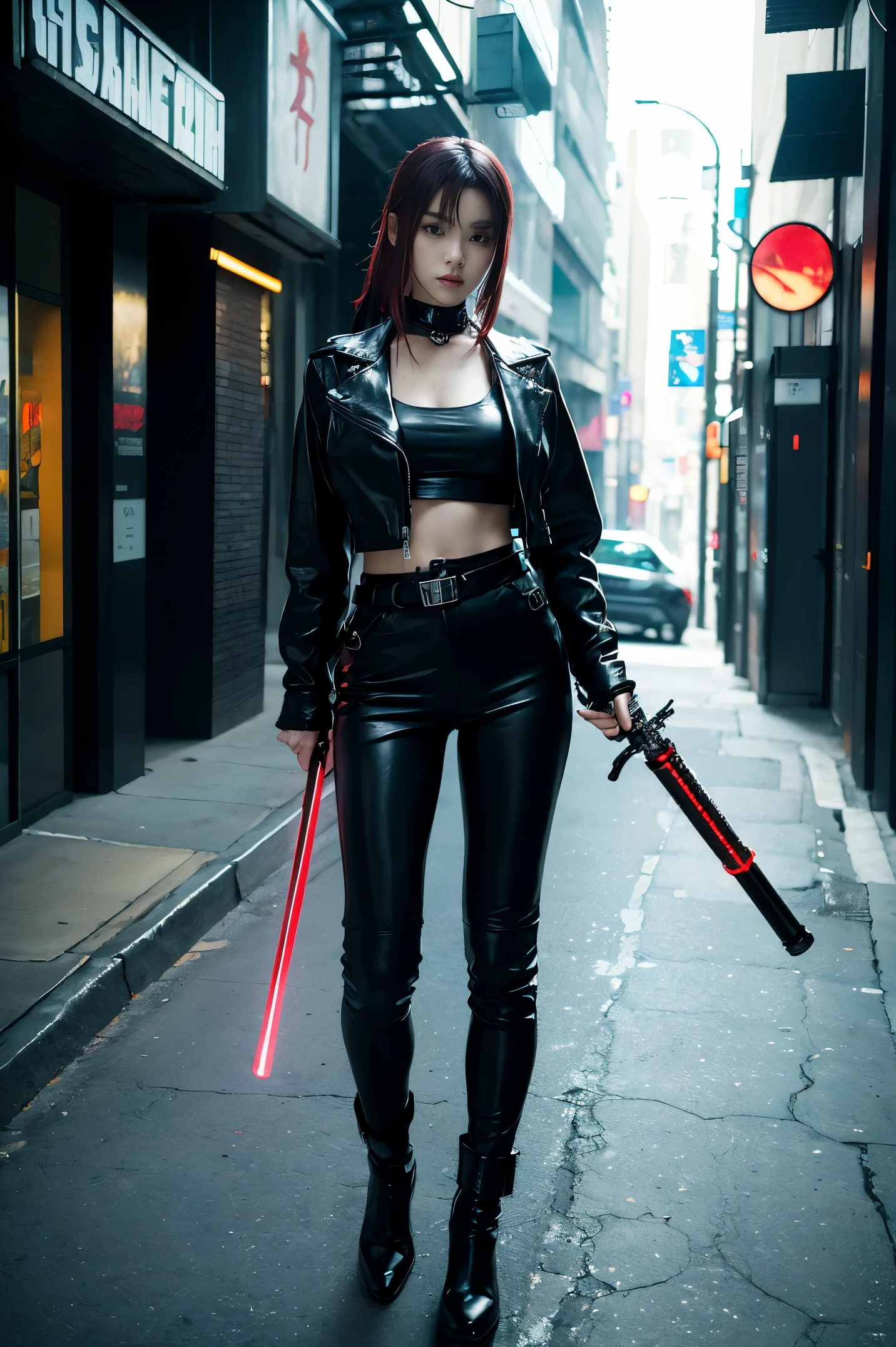 (((Masterpiece))),  girl in leather outfit holding a light saber on a city street, wearing cyberpunk leather jacket, cyberpunk angry gorgeous goddess, iu lee ji-eun as a super villain, cyberpunk outfit, all black cyberpunk clothes, female cyberpunk anime girl, cyberpunk 2 0 y. o model girl, cyberpunk style outfit, female cyberpunk, in cyberpunk style, seductive cyberpunk dark fantasy, cyberpunk assassin, ((full body)), ((leather trousers))