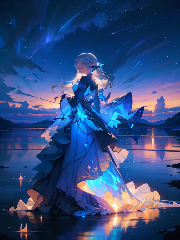 masterpiece, 1 elf woman, long silver hair, solo, wrenchfaeflare,  glowing, embroidery, accessories, jewelry, reflection, refraction, night sky, starry sky, star \(sky\), blue theme, embroidery, accessories,