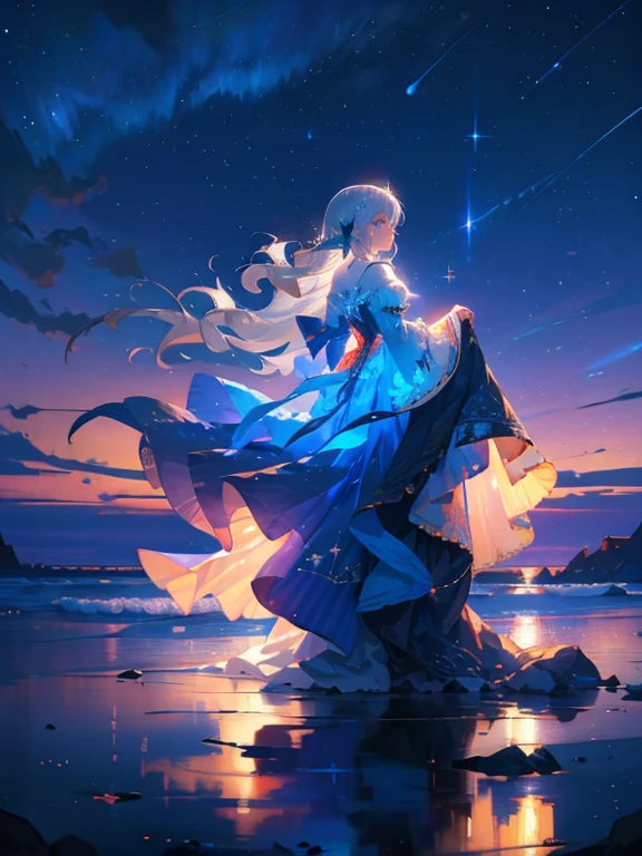 masterpiece, 1 elf woman, long silver hair, solo, wrenchfaeflare,  glowing, embroidery, accessories, jewelry, reflection, refraction, night sky, starry sky, star \(sky\), blue theme, embroidery, accessories,