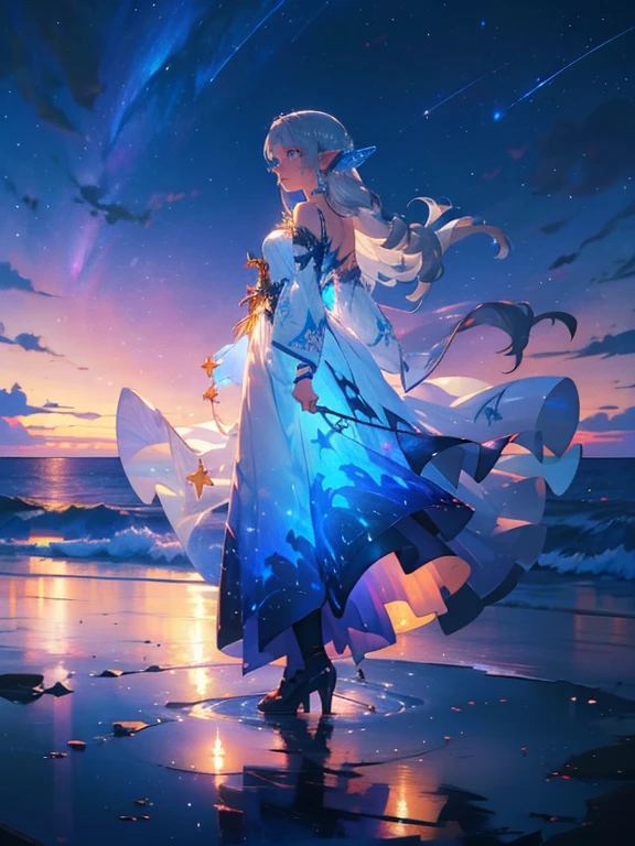 masterpiece, 1 elf woman, long silver hair, solo, wrenchfaeflare, glowing, embroidery, accessories, jewelry, reflection, refraction, night sky, starry sky, star \(sky\), blue theme, embroidery, accessories,
