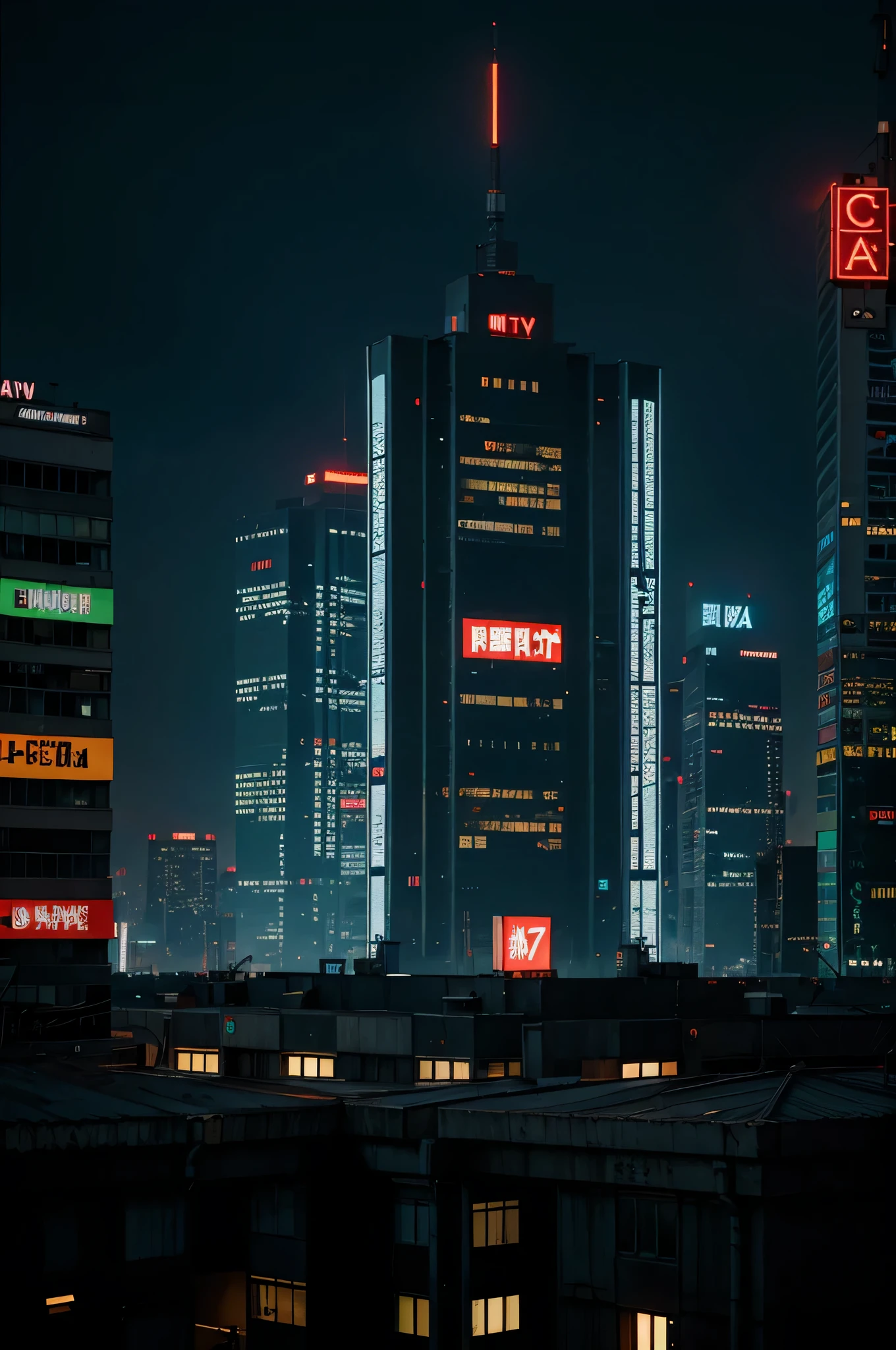 city, cyberpunk, post-Soviet, gray panel, neon