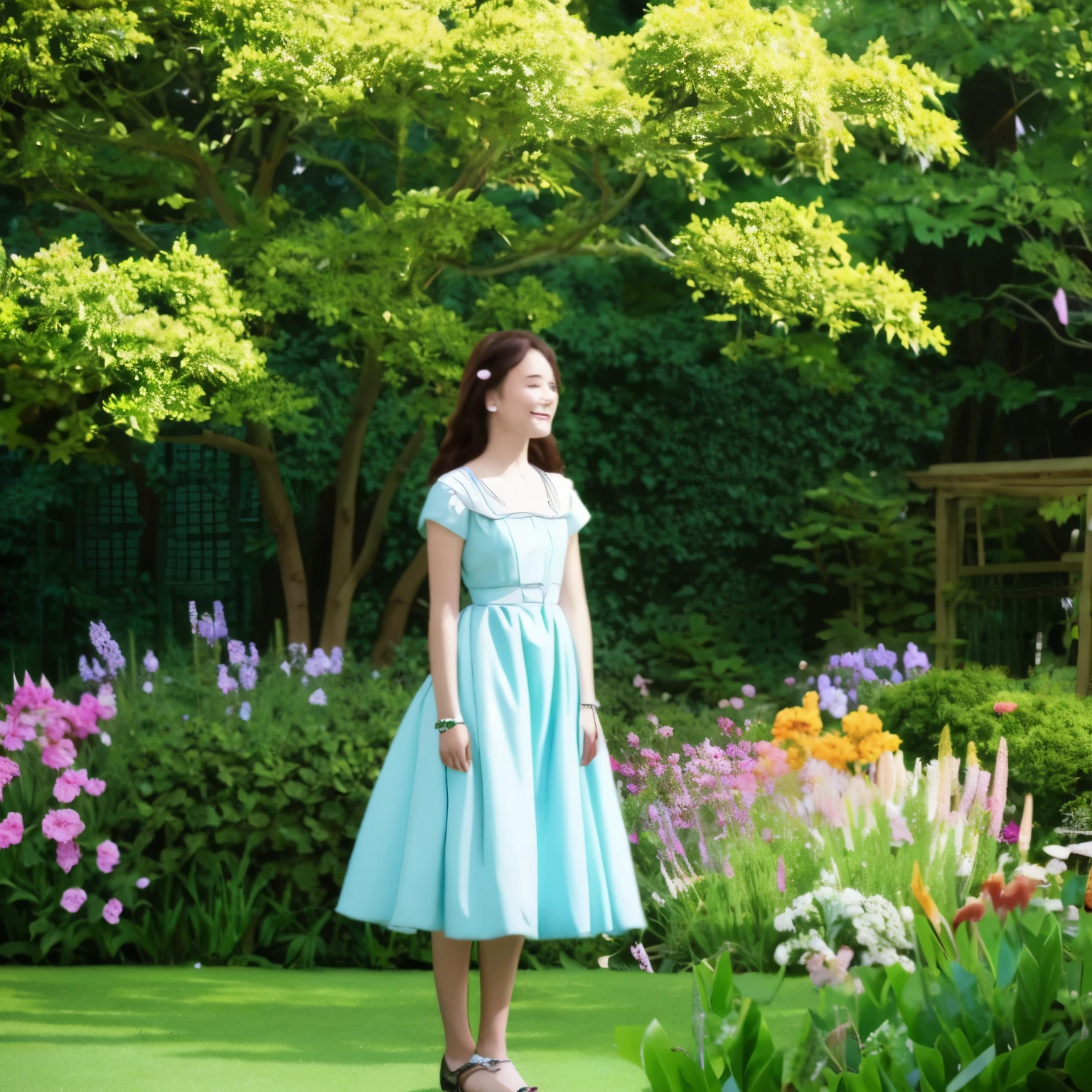 Illustration of a girl in bright, lush dress in the garden 