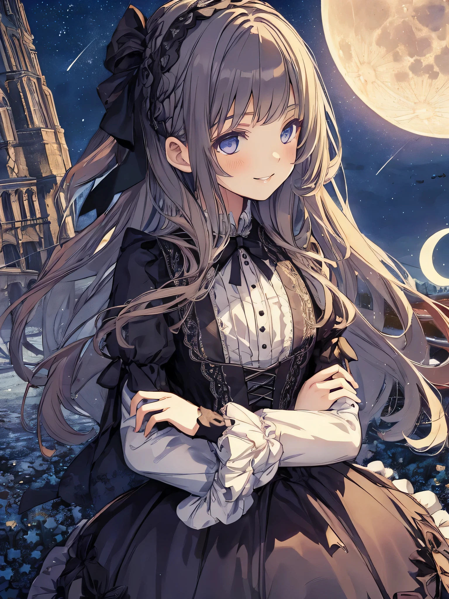 masterpiece, highest quality, figure, 1 girl, gothic dress, cute face, baby face, smile, middle teen, Night sky with stars and moon, long hair