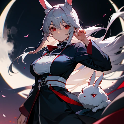 anime, female, gray hair, White rabbit ears, red eyes, Moonlight night, full moon, Shinsengumi, bow, big breasts