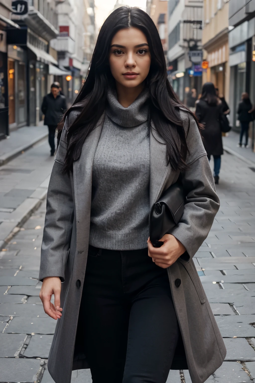 Long black hair. Wearing grey coat. Walking in the street. Masterpiece. Best quality. Ultra realistic. Photorealistic.