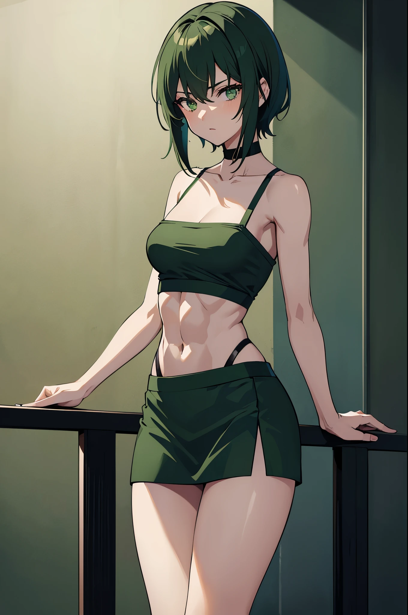 green eyes, (green color hair:1.2),By bang，short hair, white crop top, elbow pad, fingerless gloves, suspenders, pleated skirt, red boots, (perfect hands, perfect anatomy),