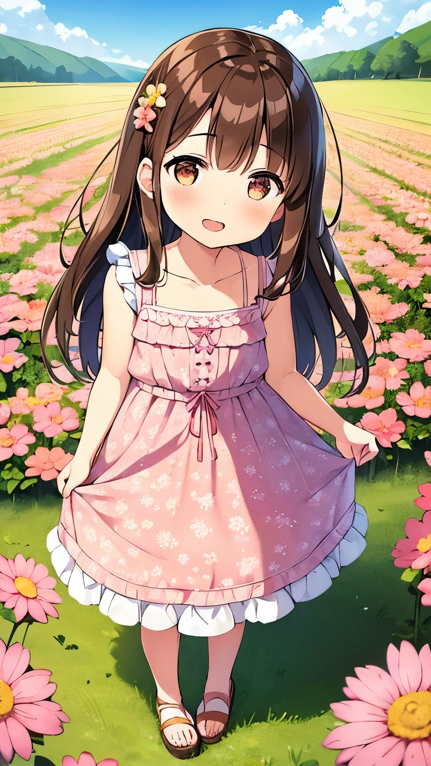 1girl, brown hair, brown eyes, blush, child, frilled dress, frills, pink dress, sleeveless, sleeveless dress, bare shoulders, blush, dress, print dress, floral print, long hair, sandals, pink footwear, open mouth, smile, solo, looking at viewer, standing, day, field, flower, flower field, outdoors