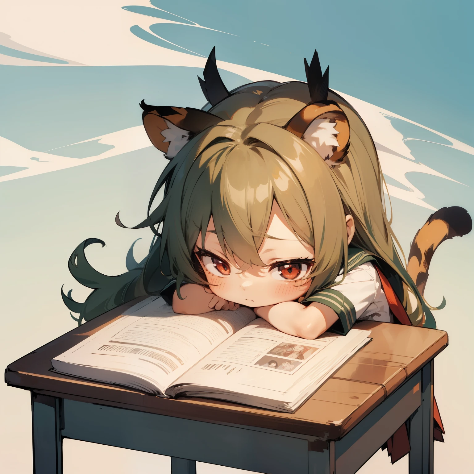 ((chibi:1.4)), (masterpiece), (best quality), high resolution, ultra detail, 8K, 1 doll, (long wavy hair, green hair, big red eyes, tiger ears, tiger tail), school girl, school sailor uniform, white shirt, pleated skirt, sitting in a chair and lying on the desk, holding textbook, rolling eyes, syncope, dazed, ((smoke coming from head)), classroom