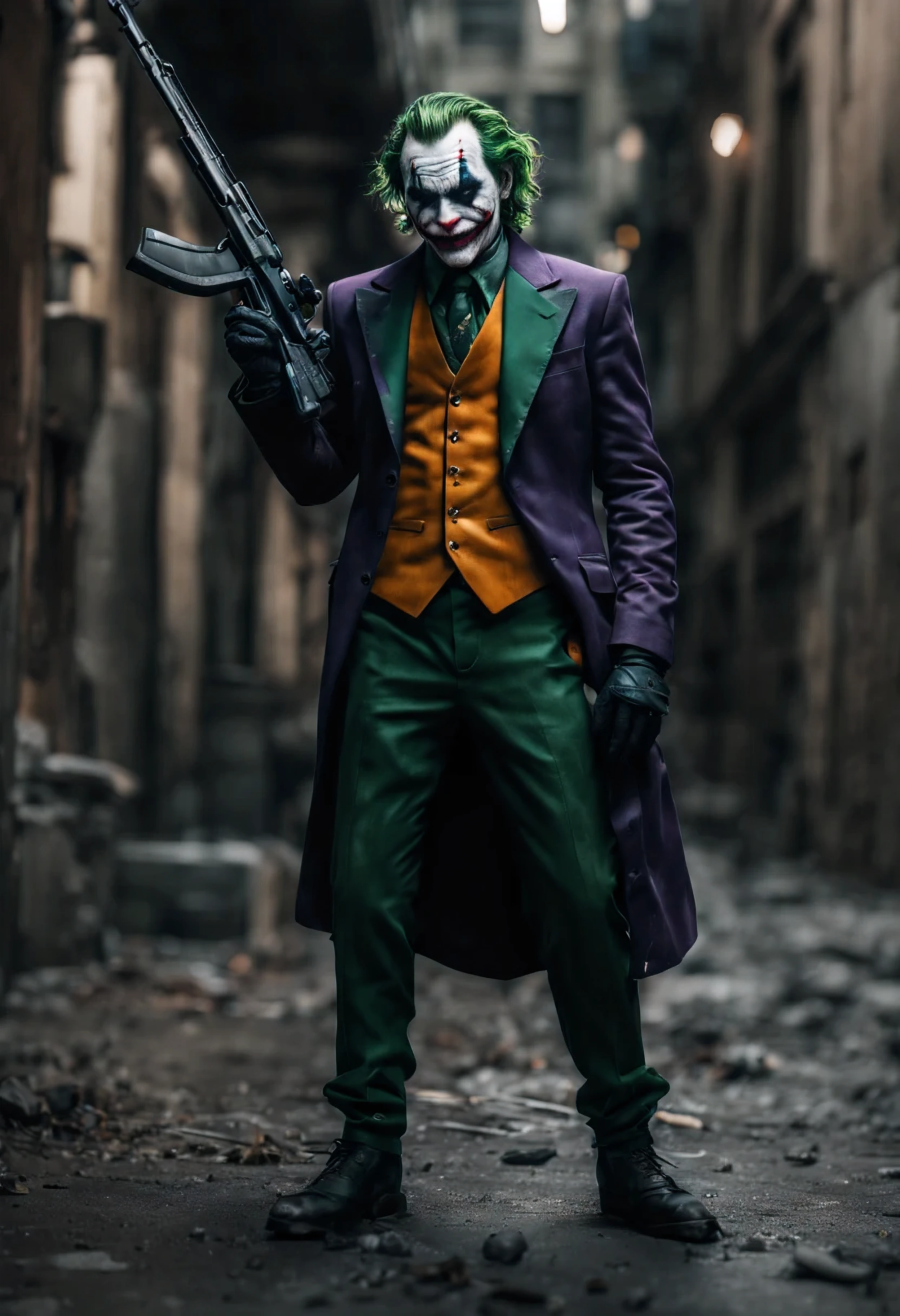 Ruin city, Joker with a shotgun , macabre, horror, full body photo, gray skin, cybernetic, technological details, Authentic background, (realism: 1.5), (Realistic: 1.4), (Absurdity: 1.4), 8k, ultra-detailed, detailed, (one:1.4 only), (Viewer facing:1.3), Cinematic, ambient occlusion, volumetric lighting, shot on Sony A7S III, f/ 9. 0, 1/ 500, sharp focus 64k unsaturated , masterpiece, best quality, ultra detailed