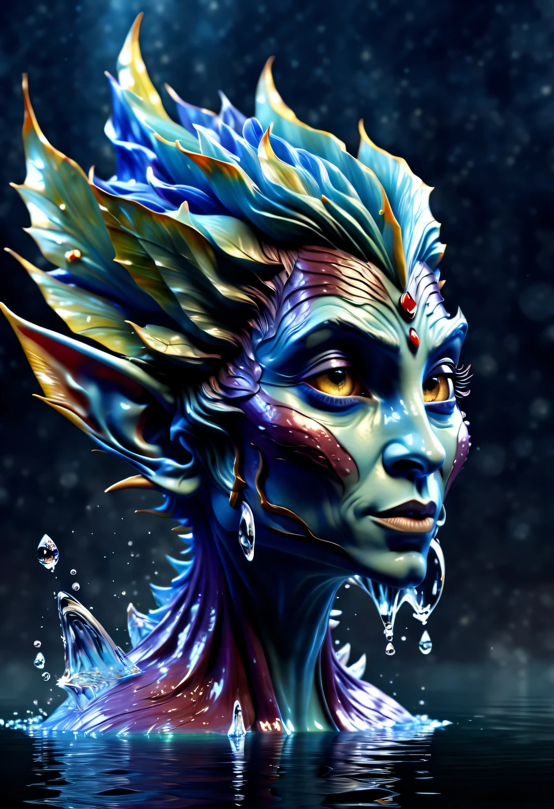 Elf portrait,water monster character art,Water imagery in the modern world,Наматичный,Surrealism,original,concept art,The art of mathematics,Water Devil in the style of Peter More and Basinski,Leonid Afremov--ar 1:2--Chaos 50-Nigi 5